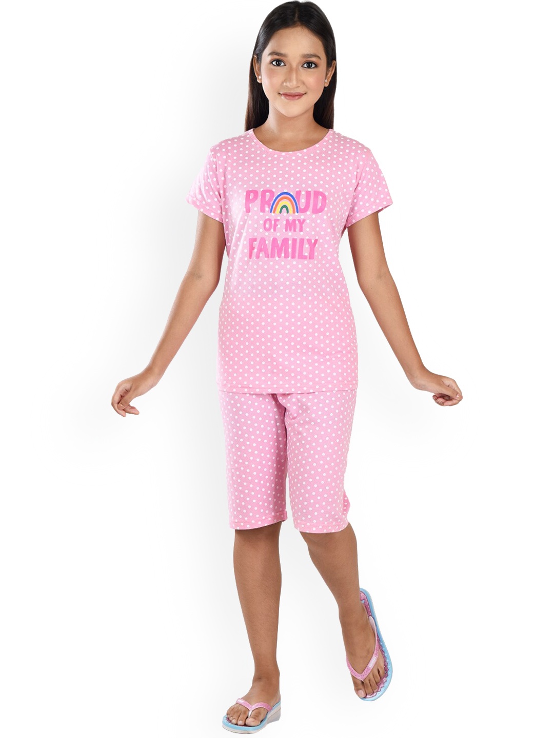 

Clothe Funn Girls Polka Dots Printed Pure Cotton Night Suit, Pink