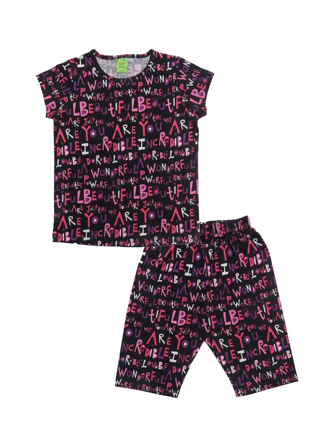 

Clothe Funn Girls Typography Printed Pure Cotton T-Shirt & Capris, Black