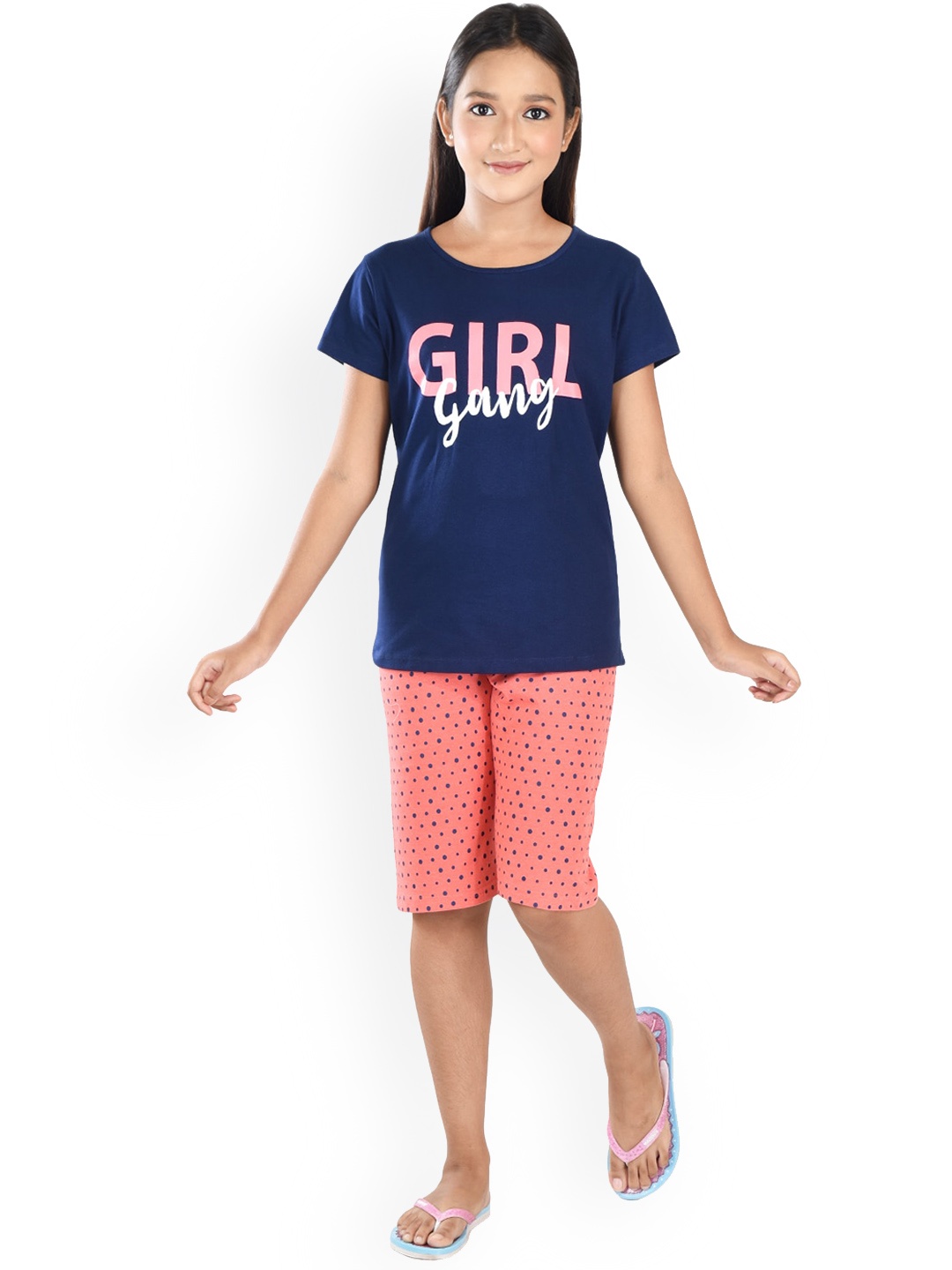 

Clothe Funn Girls Typography Printed Pure Cotton Night Suit, Navy blue