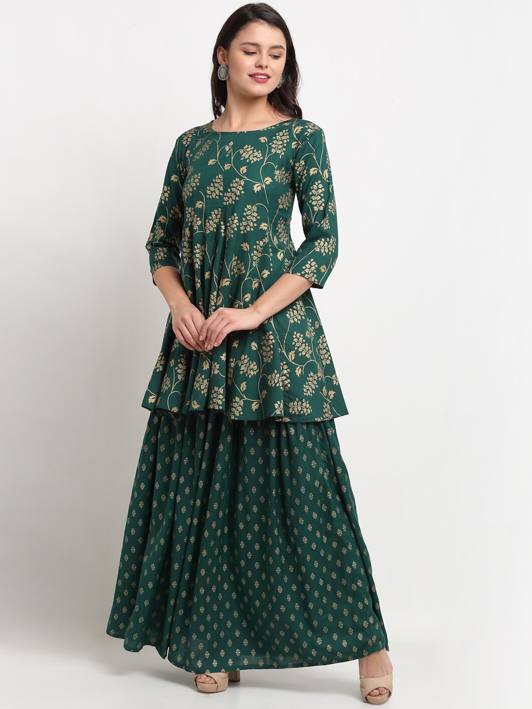 

The Mini NEEDLE Ethnic Motifs Printed A-Line Kurti with Skirt, Green