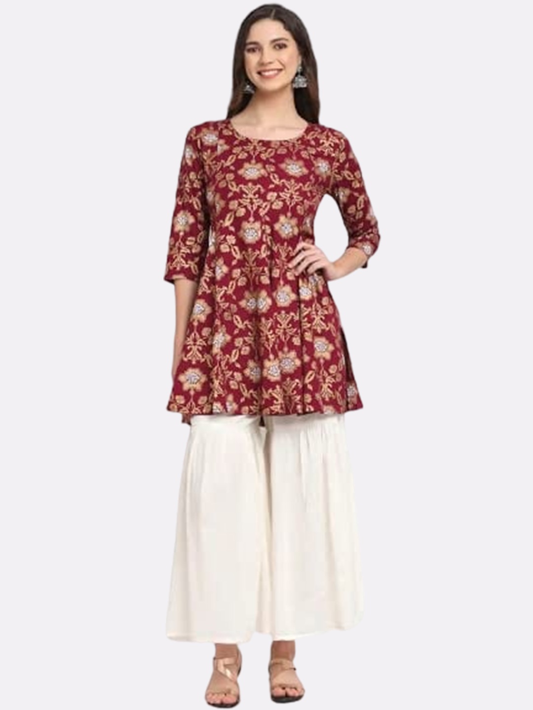 

The Mini NEEDLE Floral Printed A-Line Kurti with Sharara, Maroon