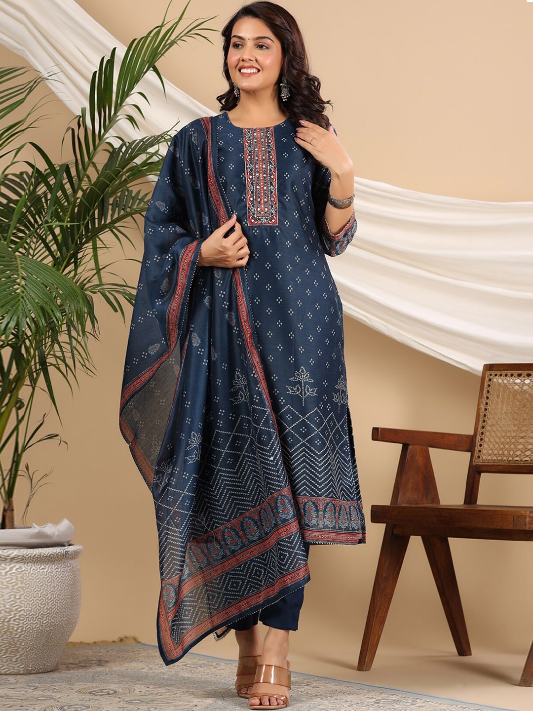 

Rain & Rainbow Bandhani Printed Sequinned Kurta with Trousers & Dupatta, Navy blue