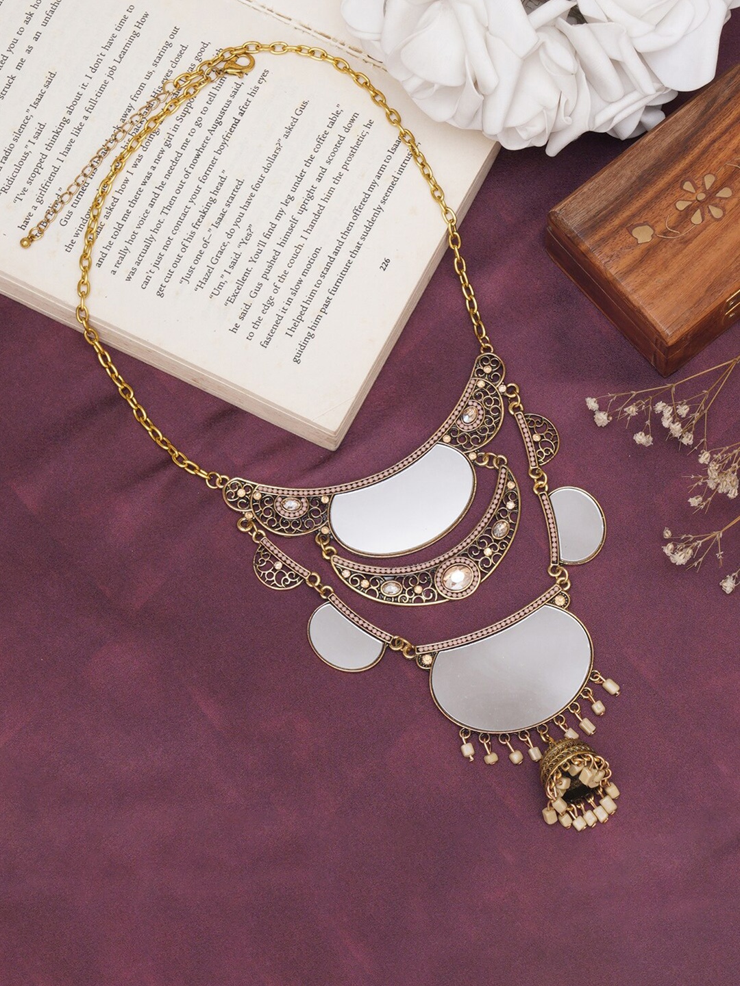 

Mali Fionna Gold-Plated Stone-Studded & Beaded Tasselled Mirror Layered Necklace