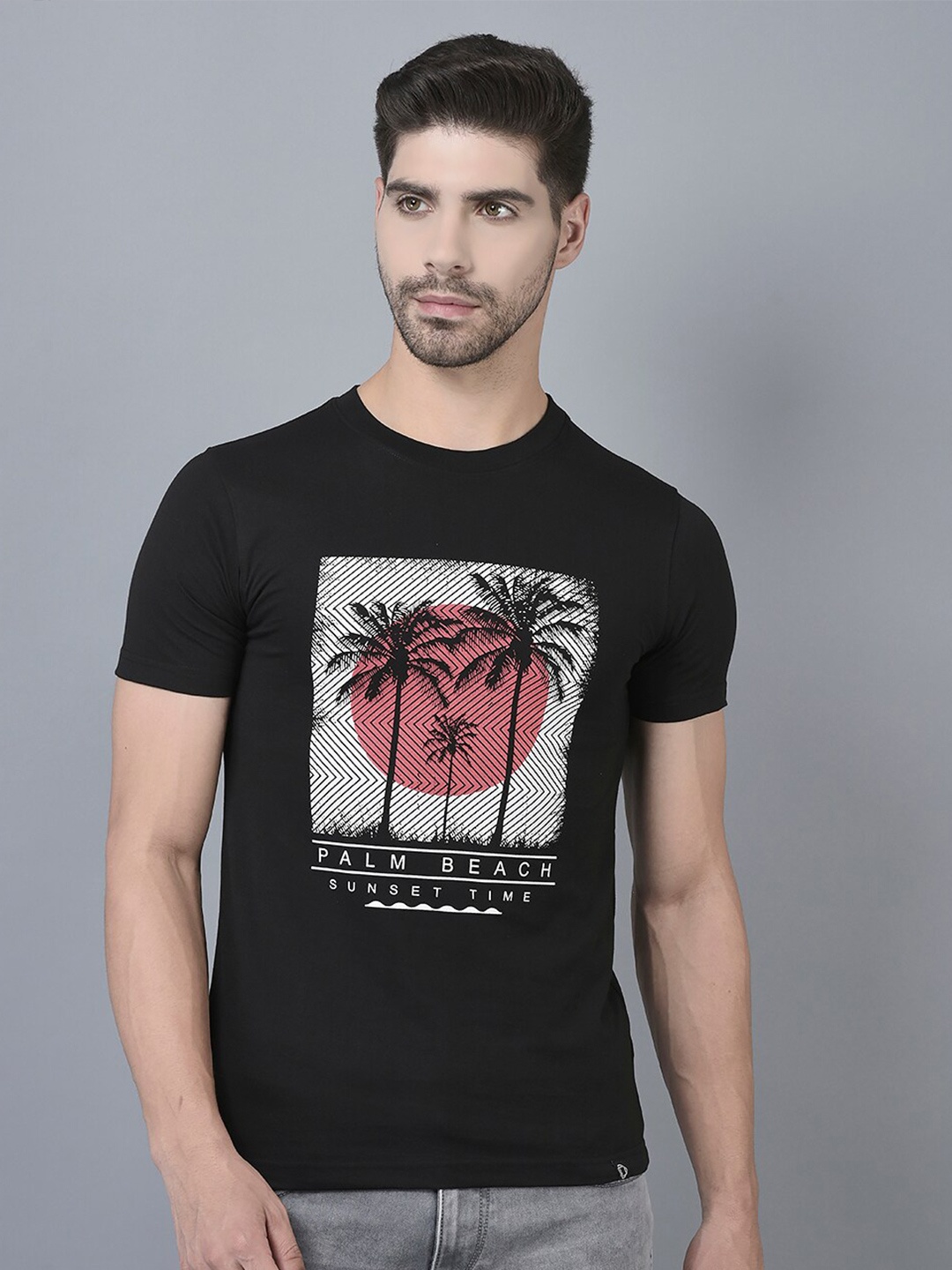 

Dollar Tropical Printed Casual Knitted Cotton T-shirt, Black