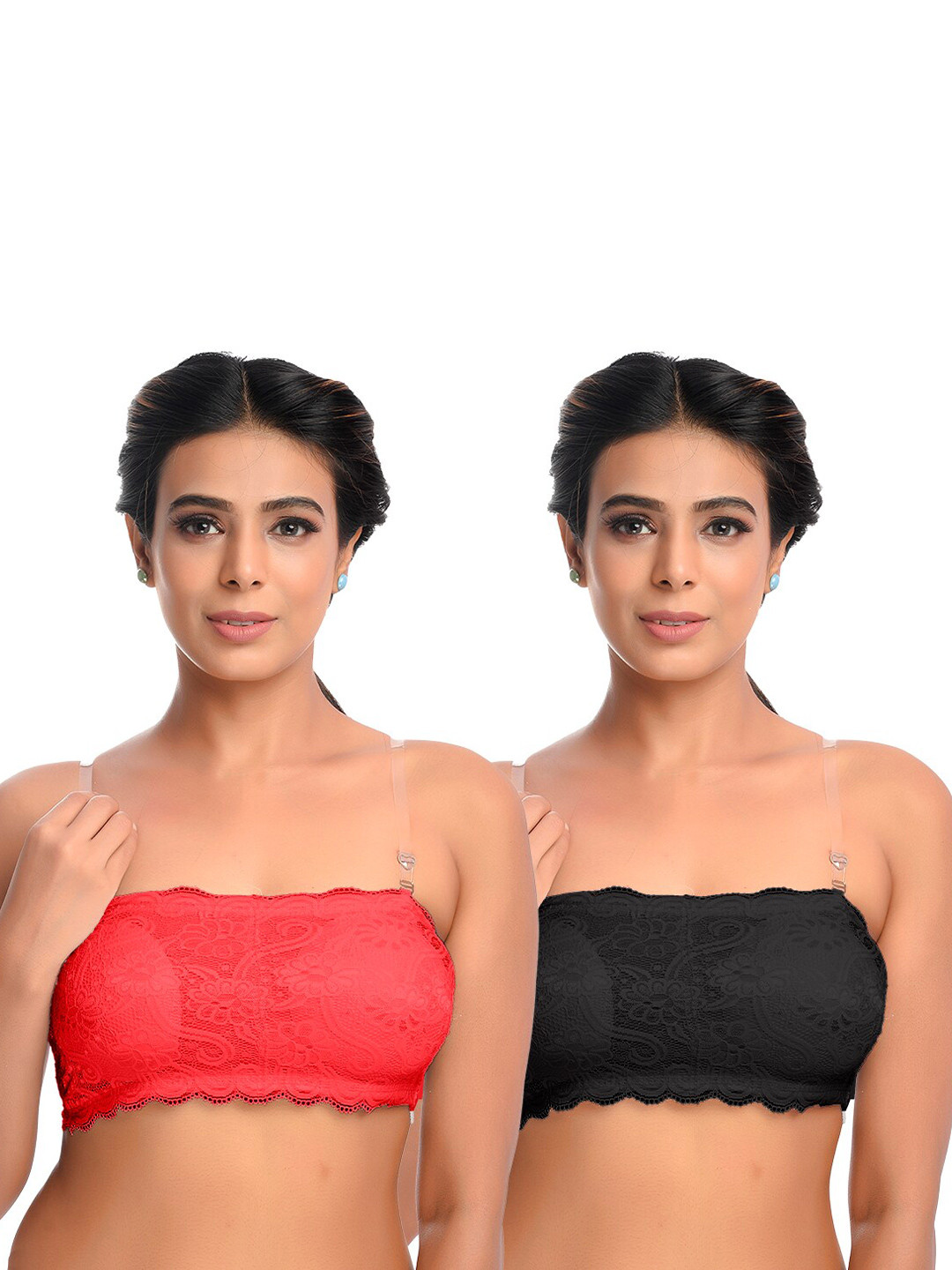 

SASHU Pack Of 2 Floral Lace Style Strapless Medium Coverage Cotton Bandeau Bra, Red