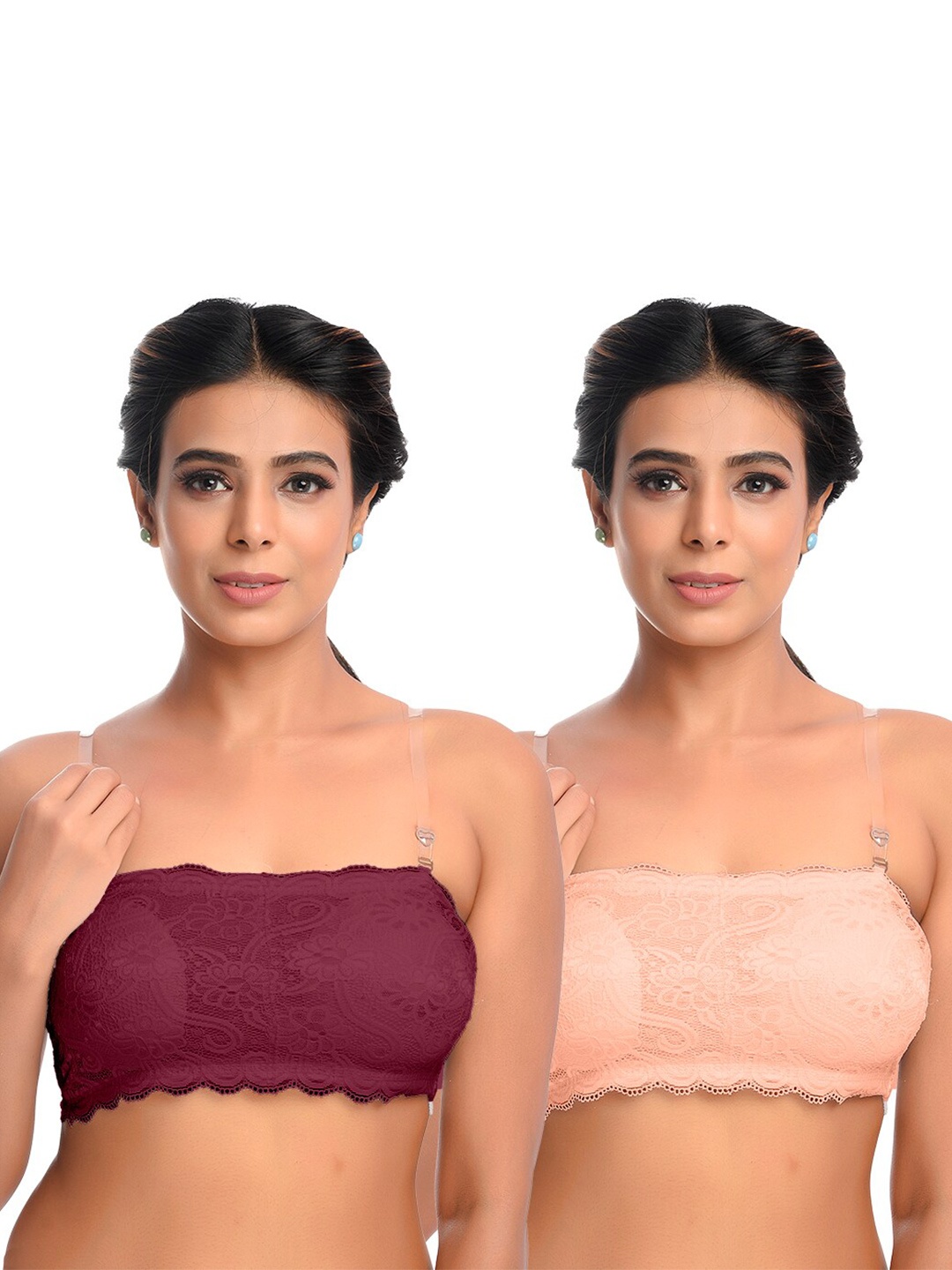 

SASHU Pack Of 2 Lace Medium Coverage All Day Comfort Seamless Cotton Bandeau Bra, Maroon