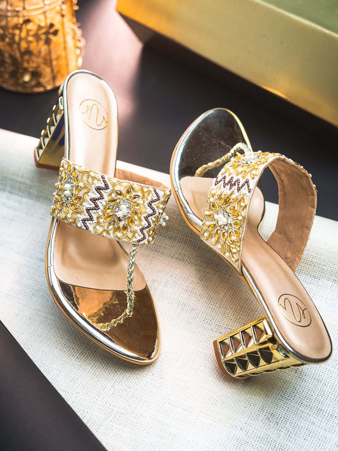 

NR By Nidhi Rathi Embellished Ethnic Block Heels, Gold