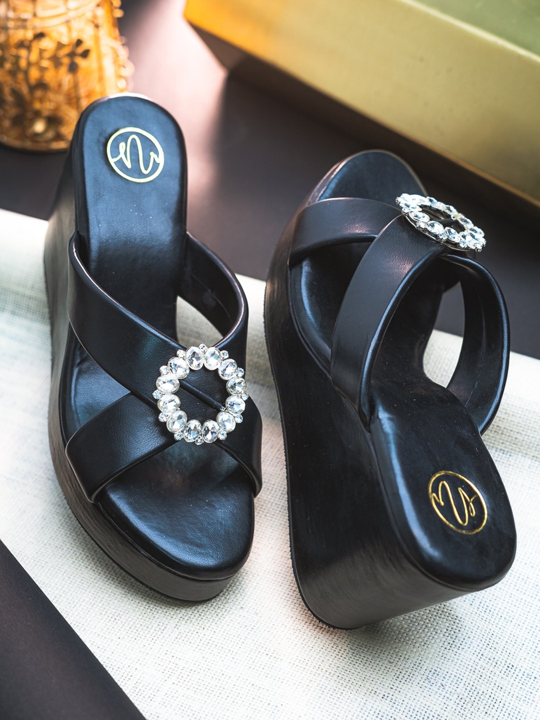 

NR By Nidhi Rathi Embellished Open Toe Wedges, Black