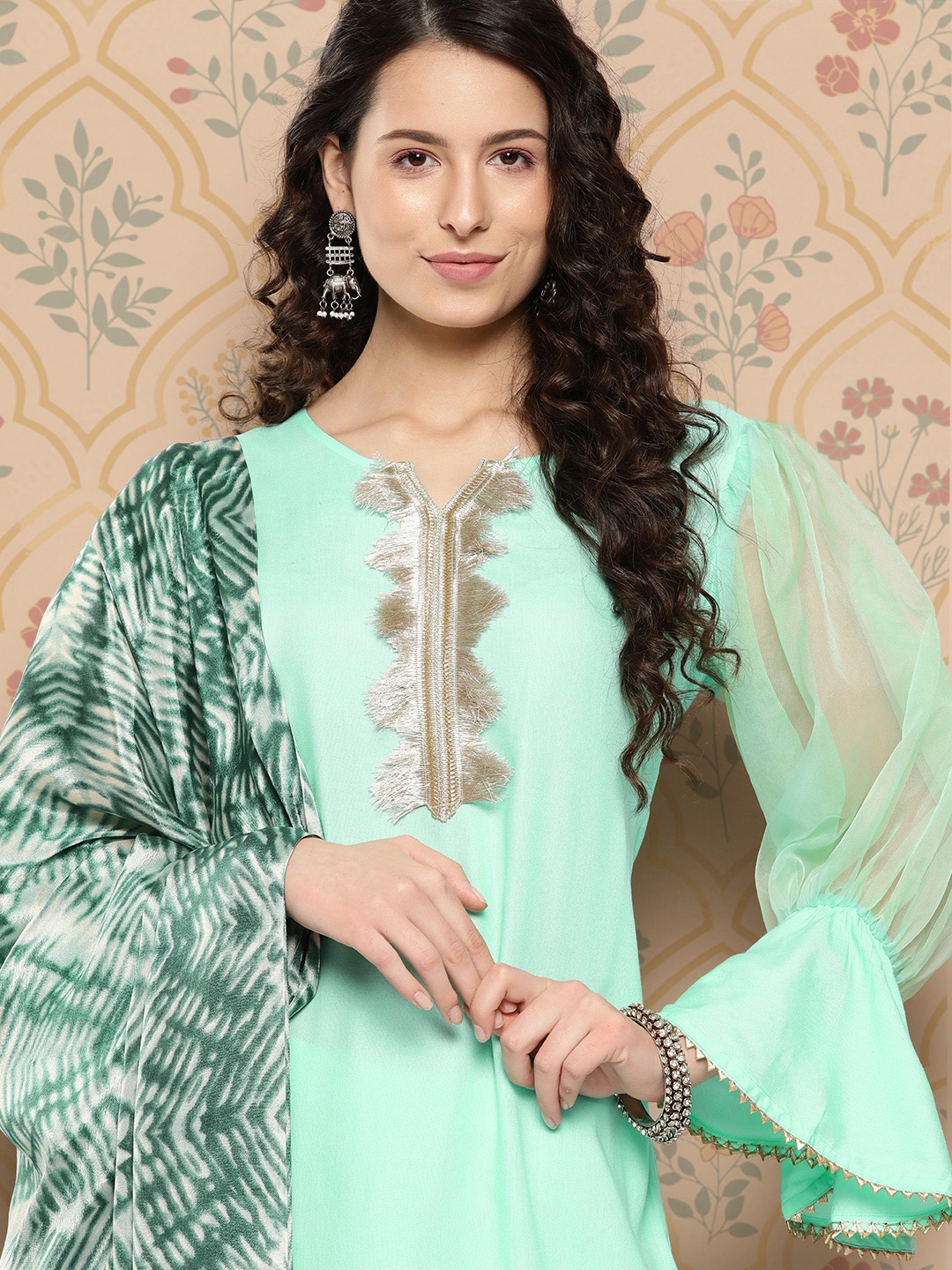 

InWeave Gotta Patti & Tasselled Detail Straight Kurta with Trousers & Dupatta, Turquoise blue