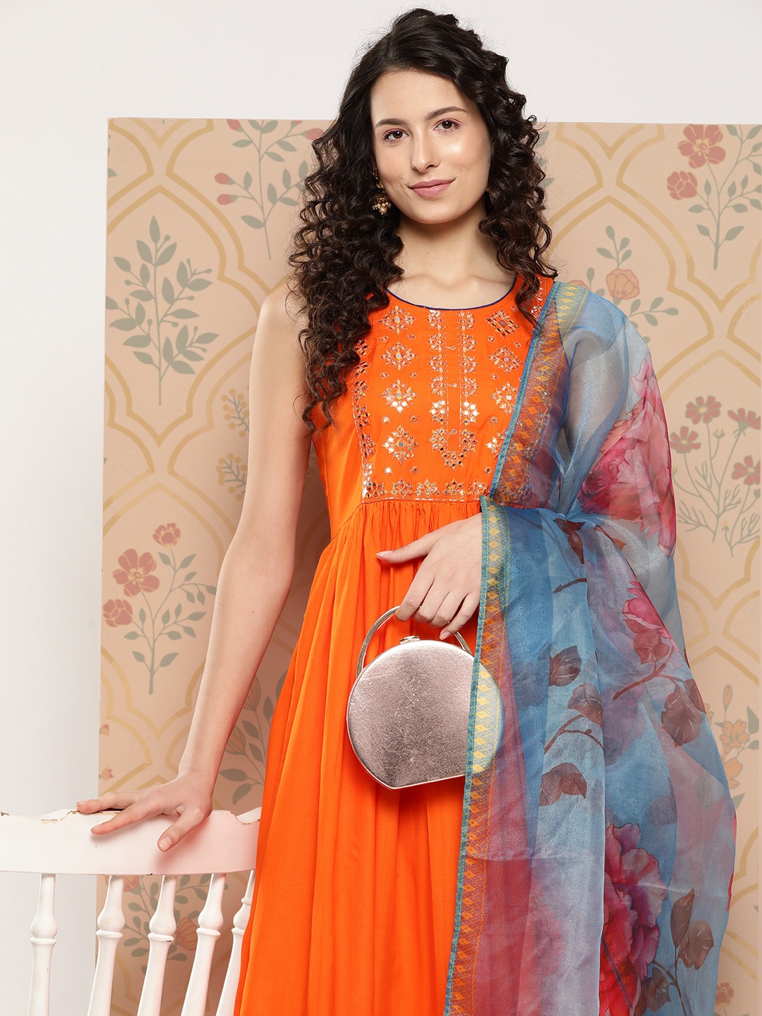 

InWeave Embroidered Mirror Work Detail Panelled Anarkali Kurta with Trousers & Dupatta, Orange