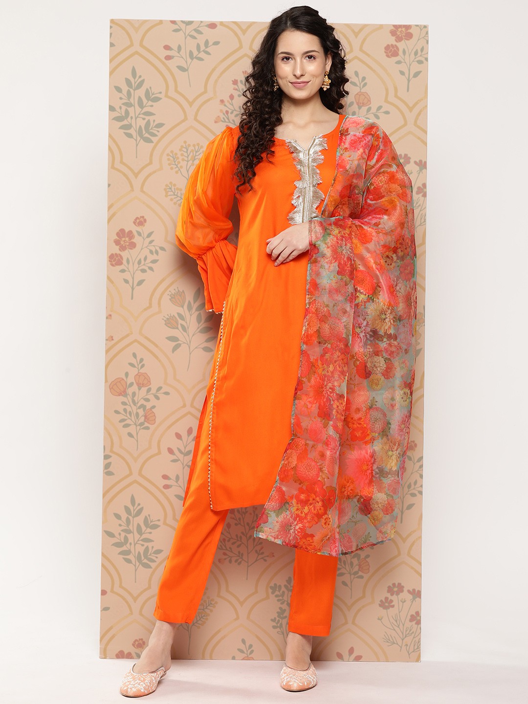 

InWeave Gotta Patti & Tasselled Detail Straight Kurta with Trousers & Dupatta, Orange