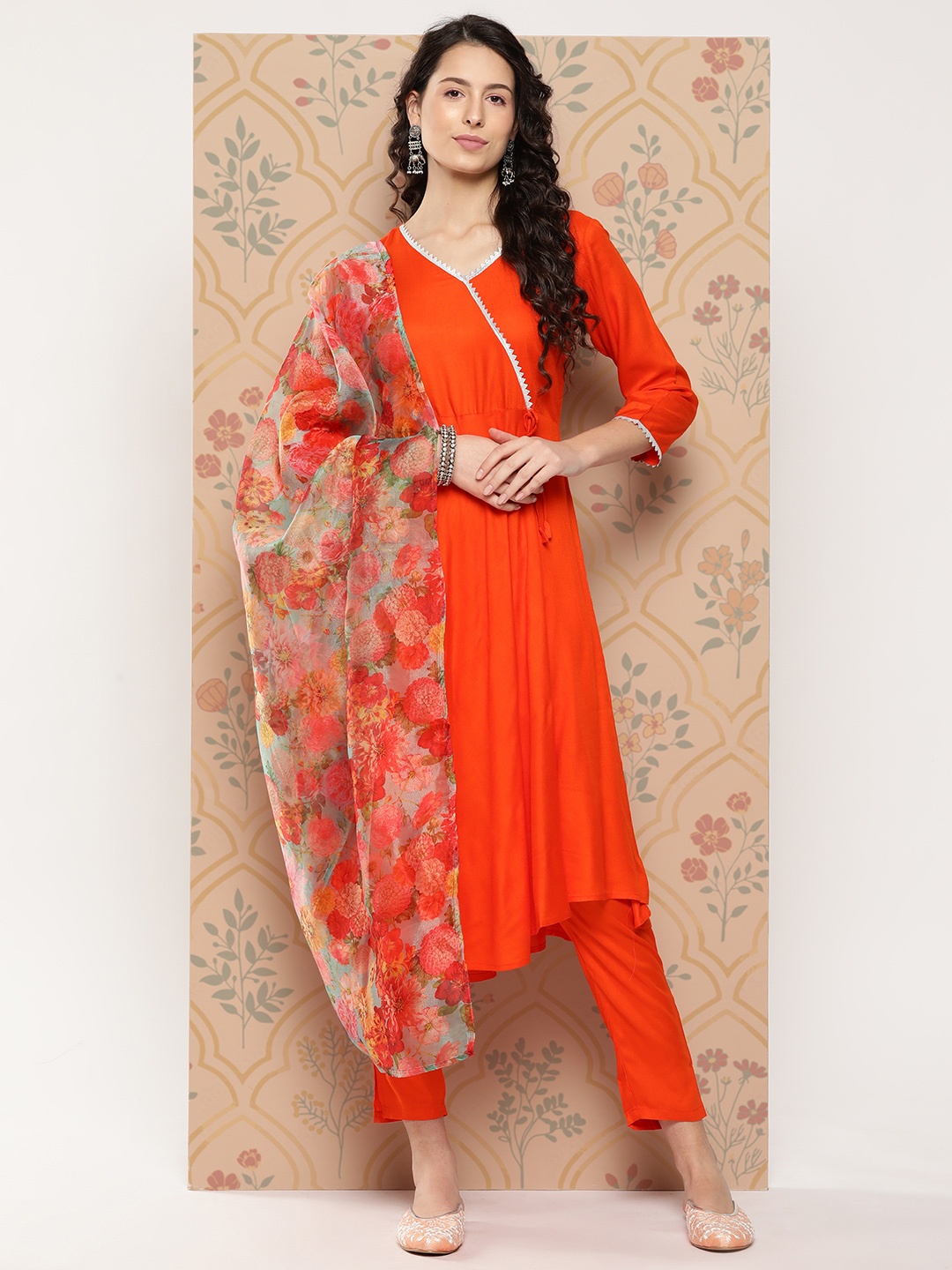 

InWeave Gotta Patti Detail Angrakha Style A-Line Kurta with Trousers & Dupatta, Orange