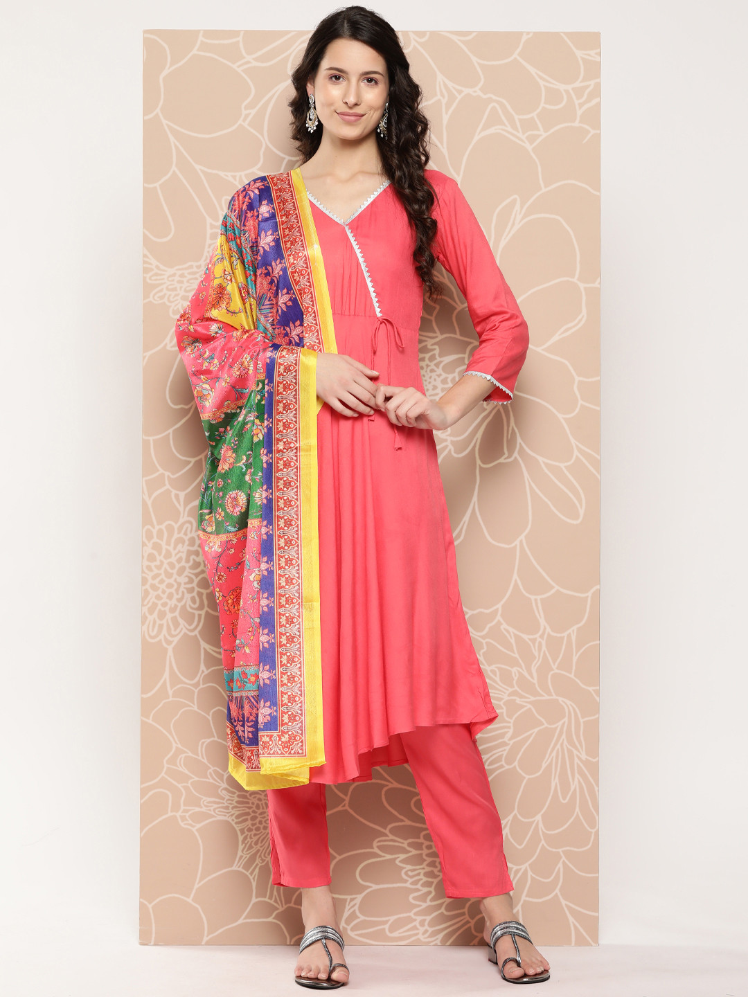 

InWeave Gotta Patti Detail Angrakha Style A-Line Kurta with Trousers & Dupatta, Coral