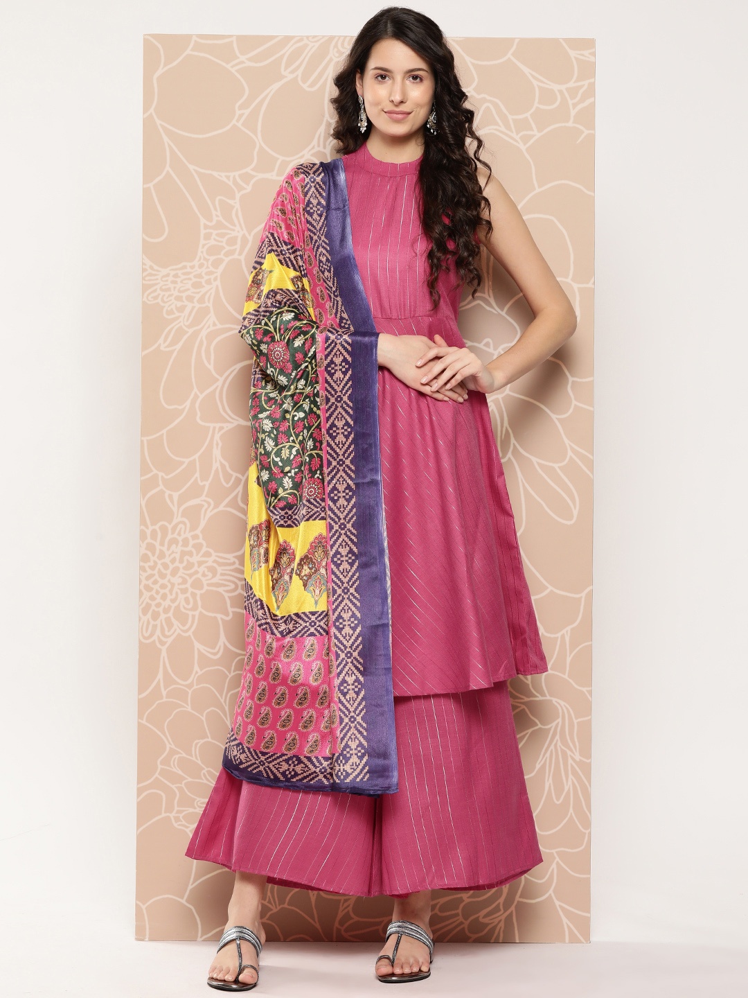 

InWeave Striped Gathered Detail A-Line Kurta with Palazzos & Dupatta, Pink