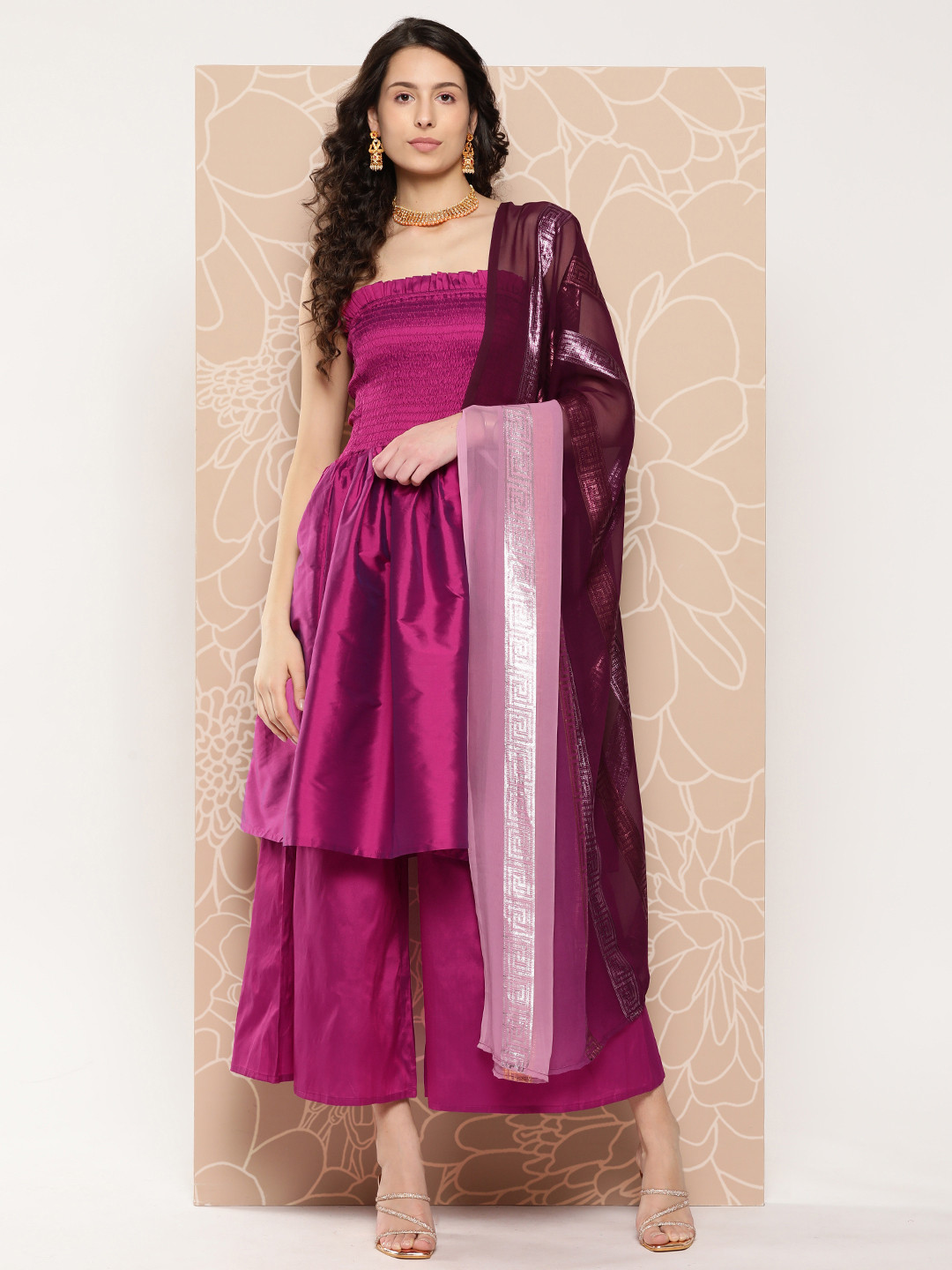 

InWeave Smocked Ruffled Detail A-Line Kurta with Palazzos & Dupatta, Magenta