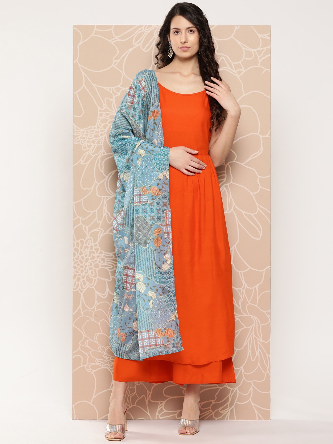 

InWeave Gathered Detail A-Line Kurta with Palazzos & Printed Dupatta, Orange