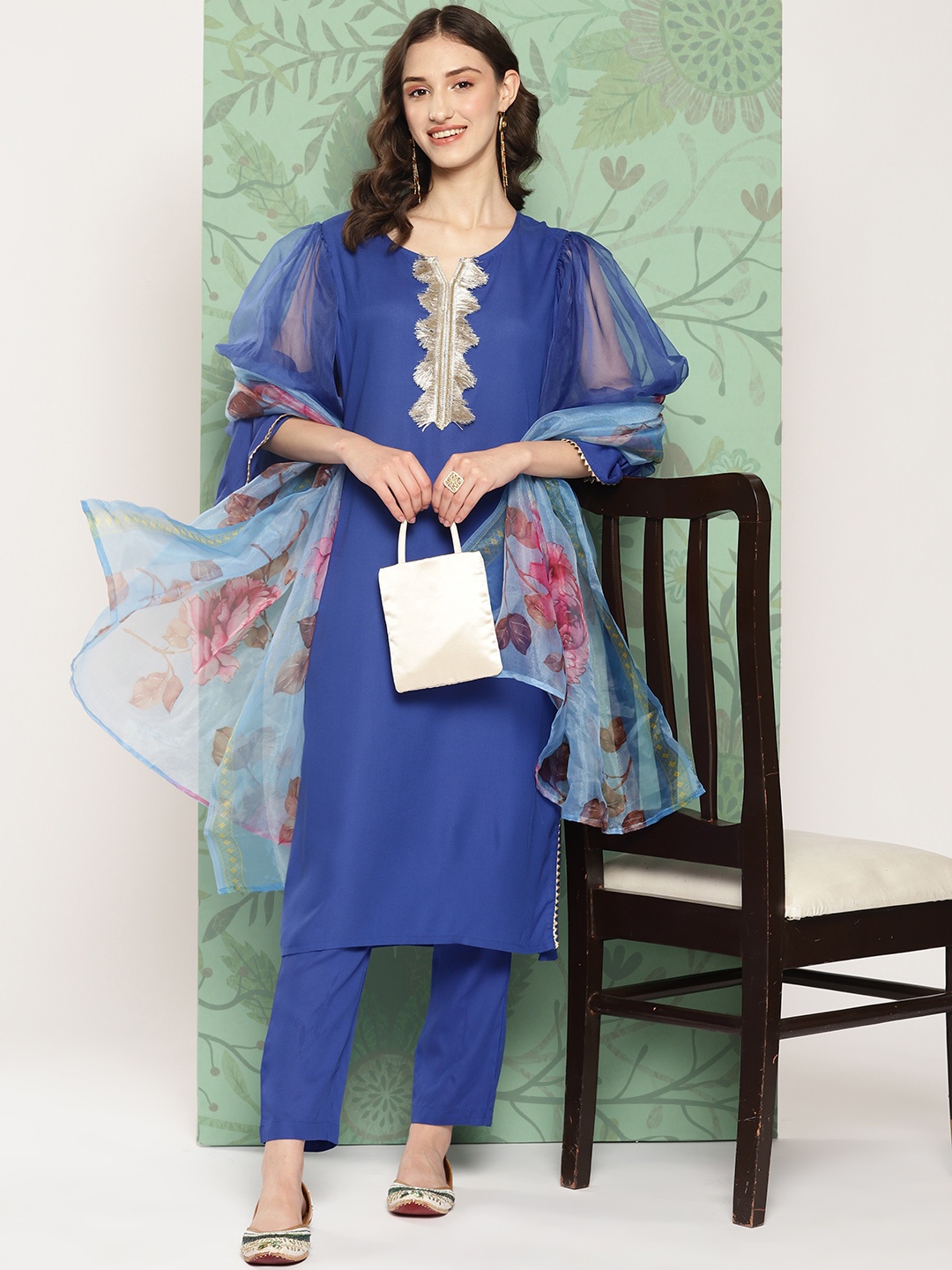 

InWeave Women Regular Thread Work Kurta with Trousers & With Dupatta, Blue
