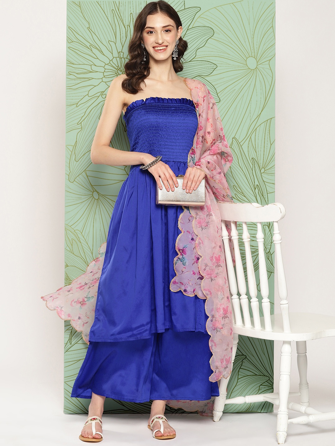 

InWeave Women Off-Shoulder Regular Kurta with Palazzos & With Dupatta, Blue