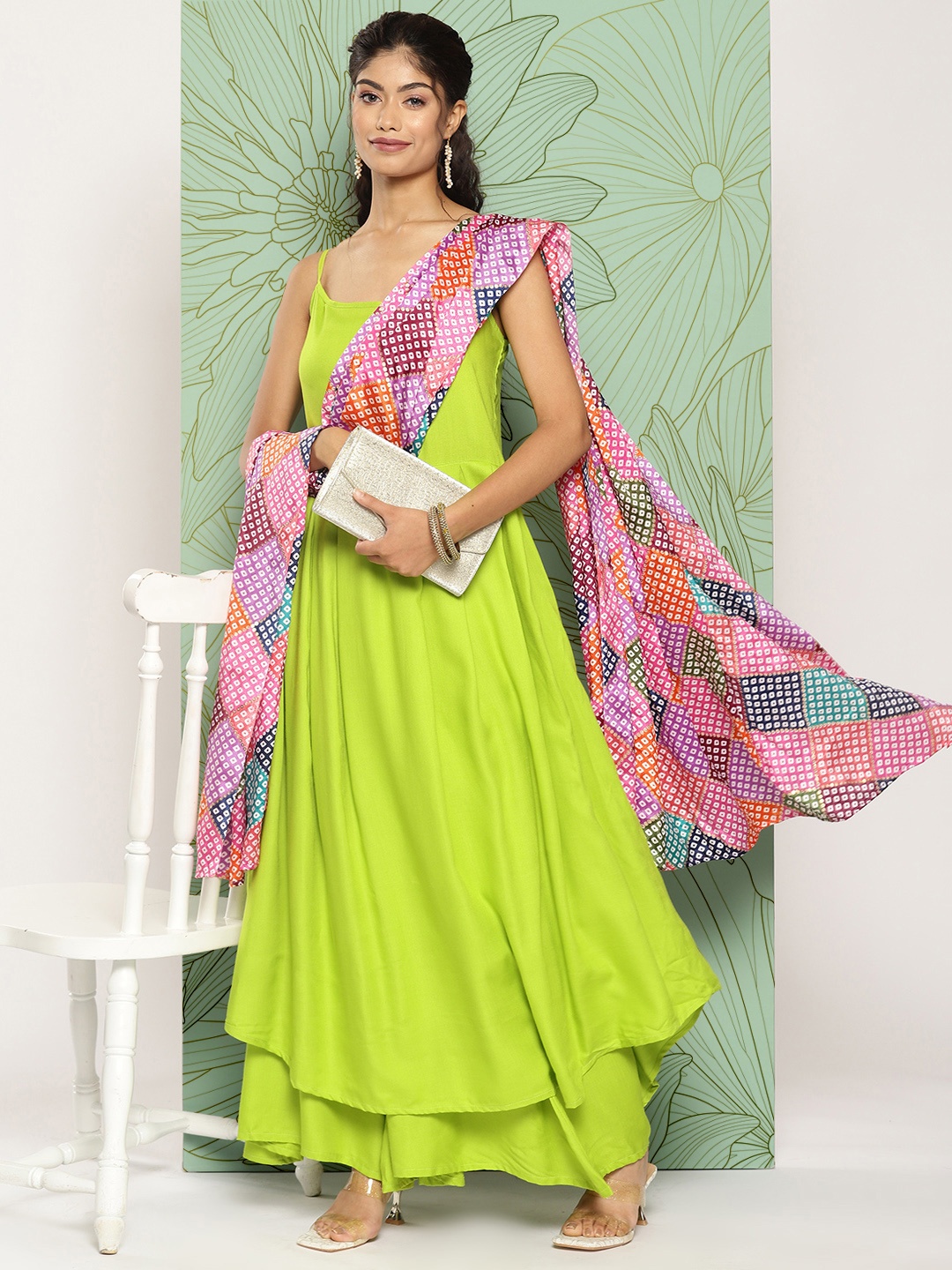 

InWeave Women Regular Kurta with Palazzos & With Dupatta, Lime green