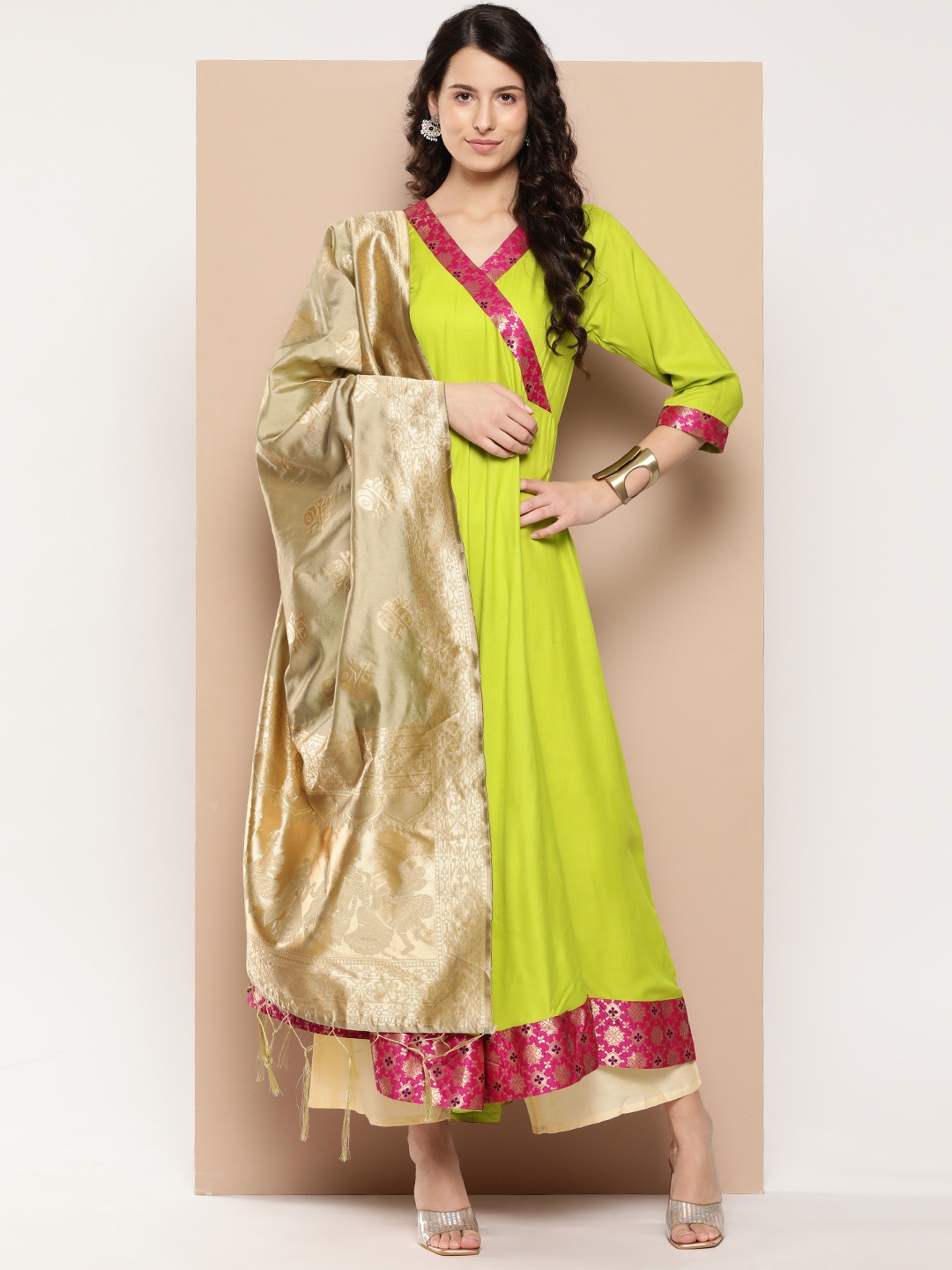 

InWeave Floral Woven Design Detail Angrakha Style Anarkali Kurta with Dupatta, Lime green