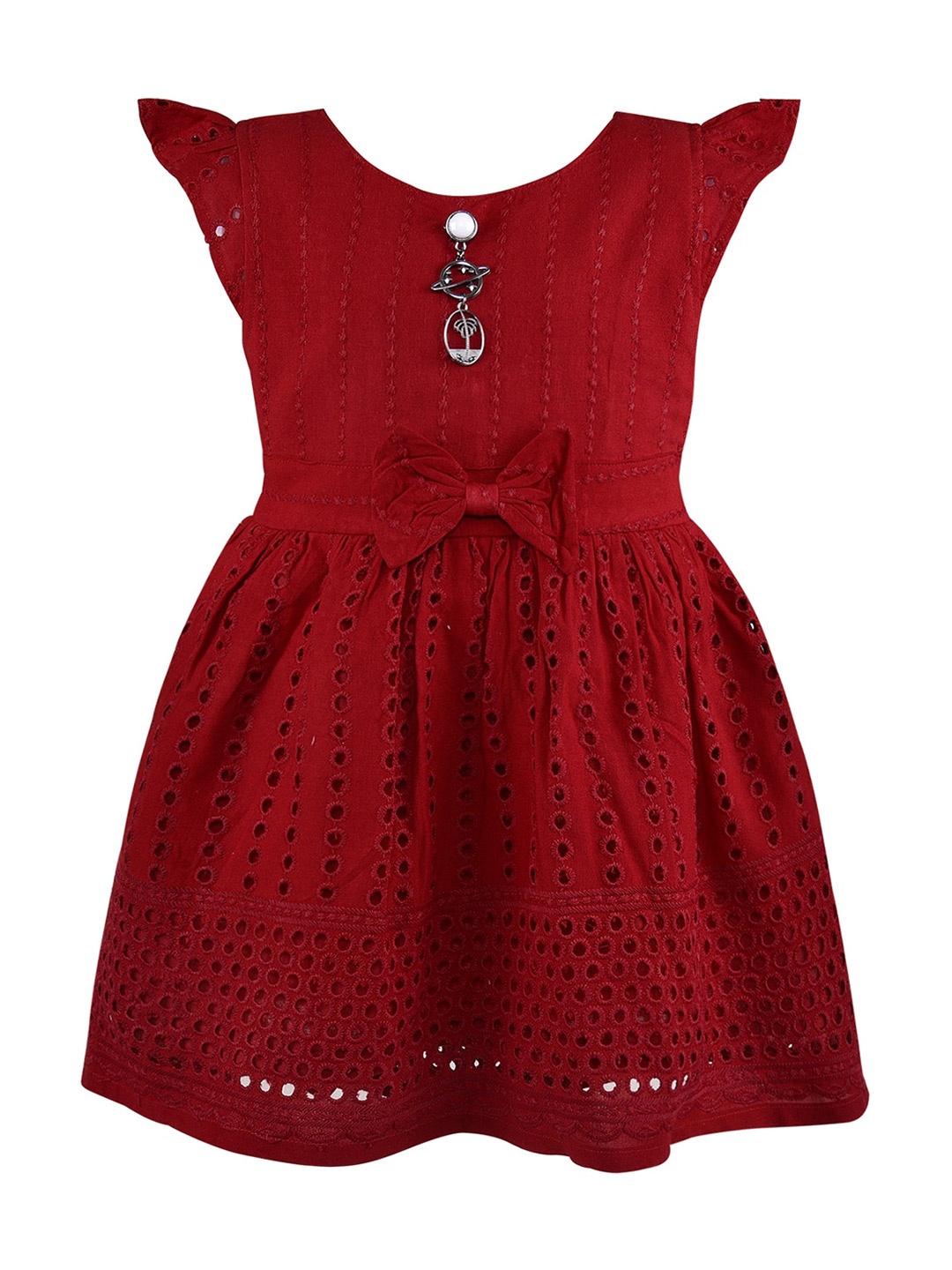 

Wish Karo Girls Schiffli Self Design Bow Detail Cotton Fit & Flare Dress, Maroon