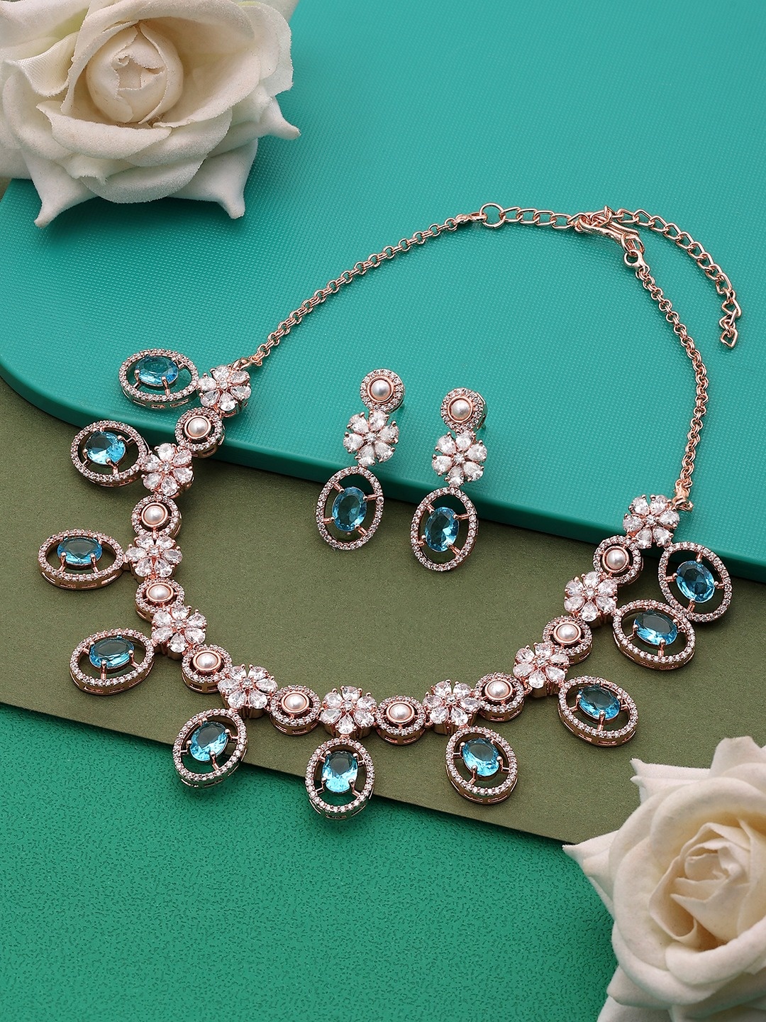 

Zaveri Pearls Cubic Zirconia Designer Brass Necklace & Earring Set, Rose gold