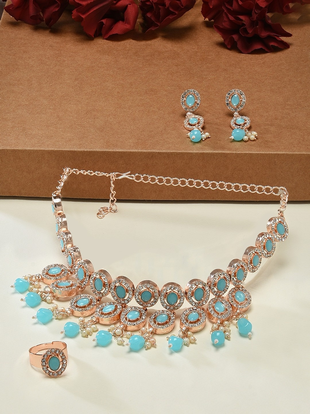 

Zaveri Pearls Rose Gold-Plated Stone-Studded & Pearl Beaded Jewellery Set