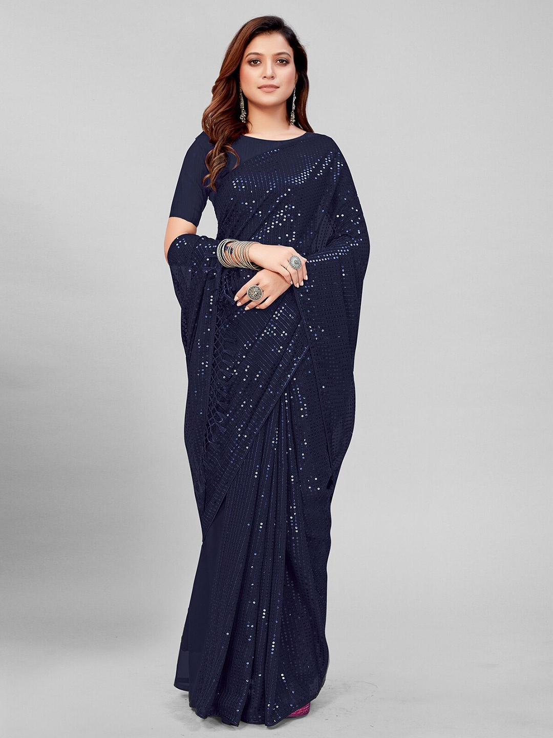 

KALINI Embellished Sequinned Pure Georgette Saree, Blue