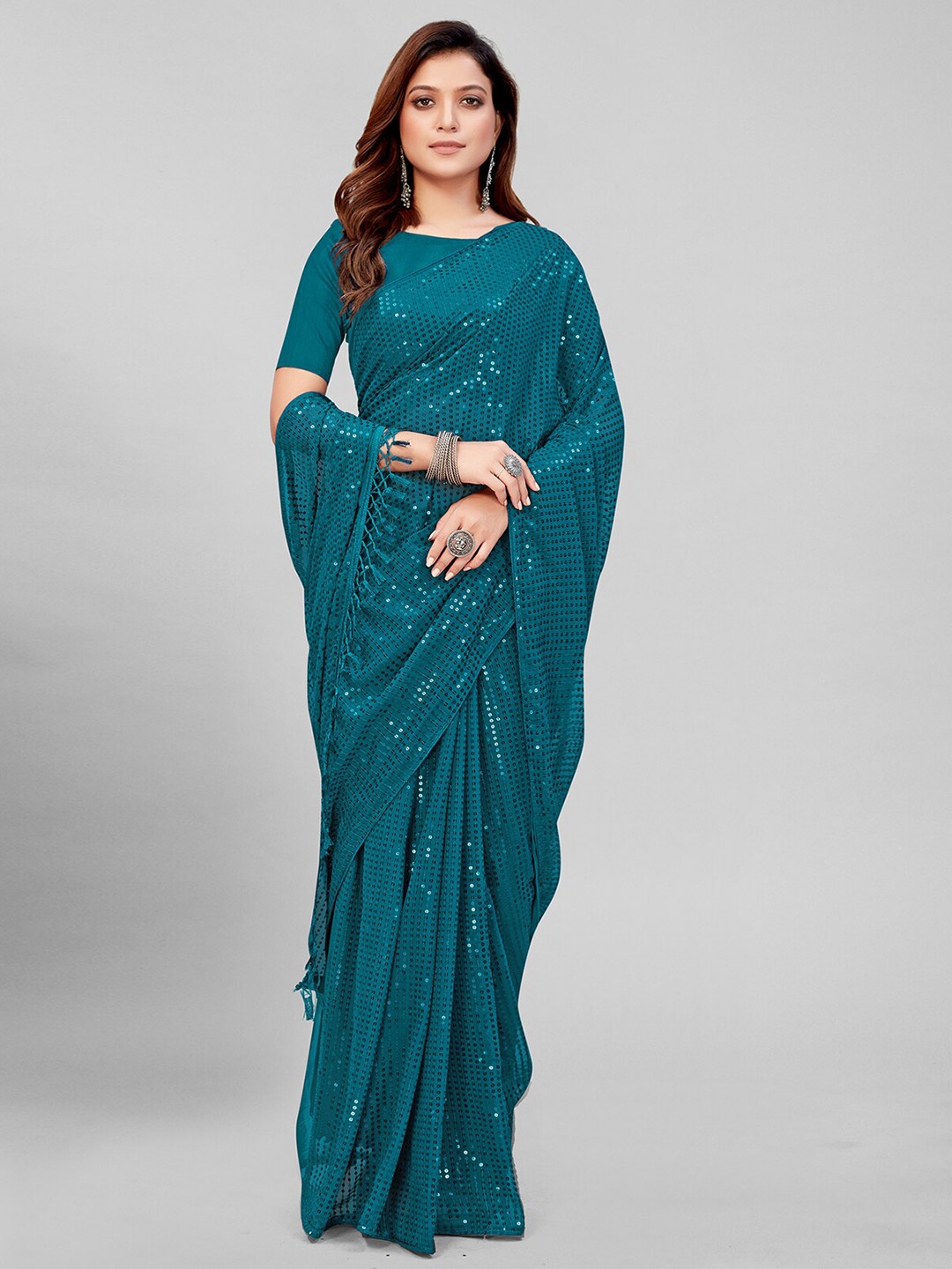 

KALINI Embellished Sequinned Pure Georgette Saree, Teal