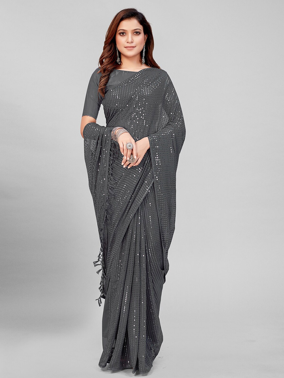 

KALINI Embellished Sequinned Pure Georgette Saree, Grey