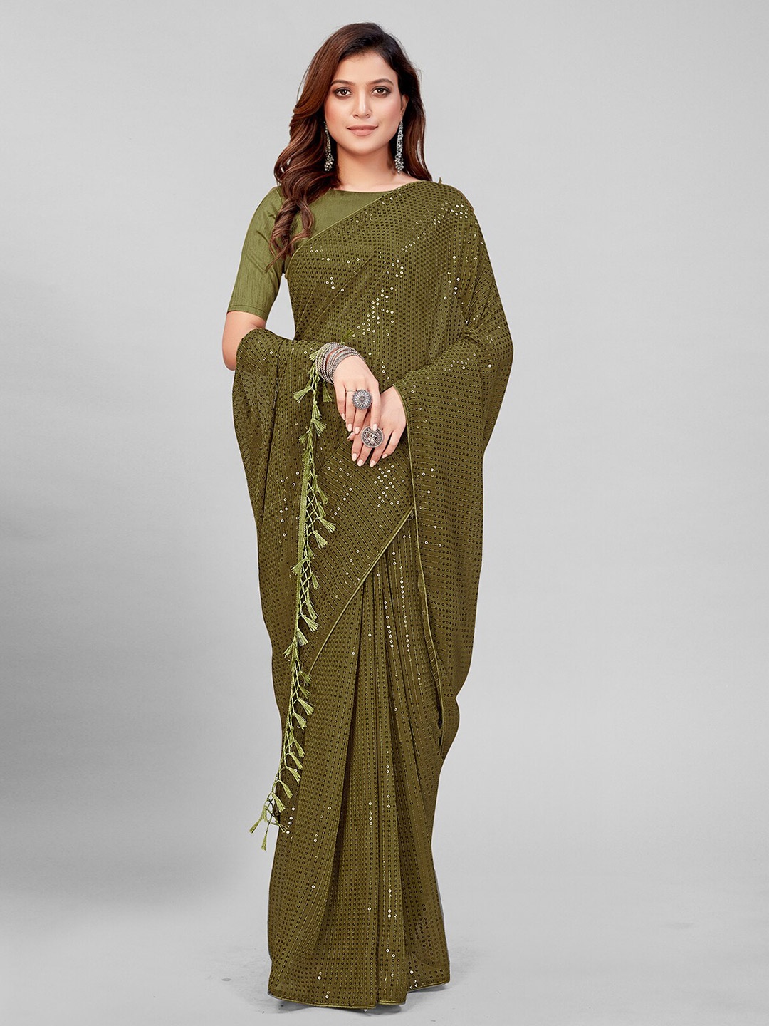 

KALINI Embellished Sequinned Pure Georgette Saree, Olive