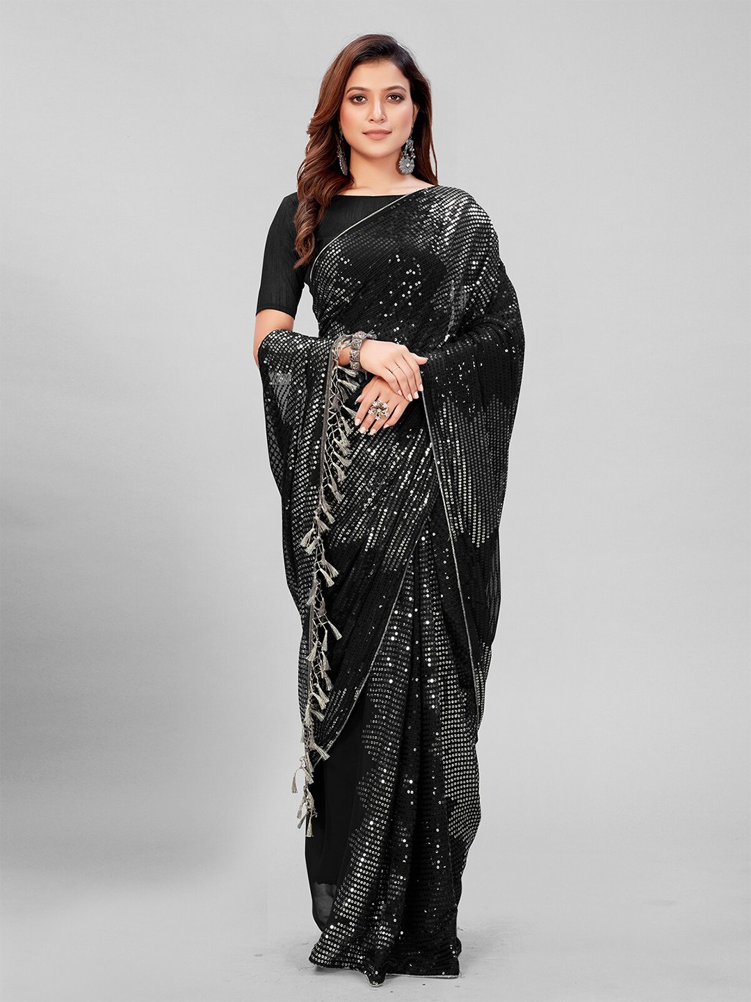 

KALINI Sequin Embellished Pure Georgette Saree, Black