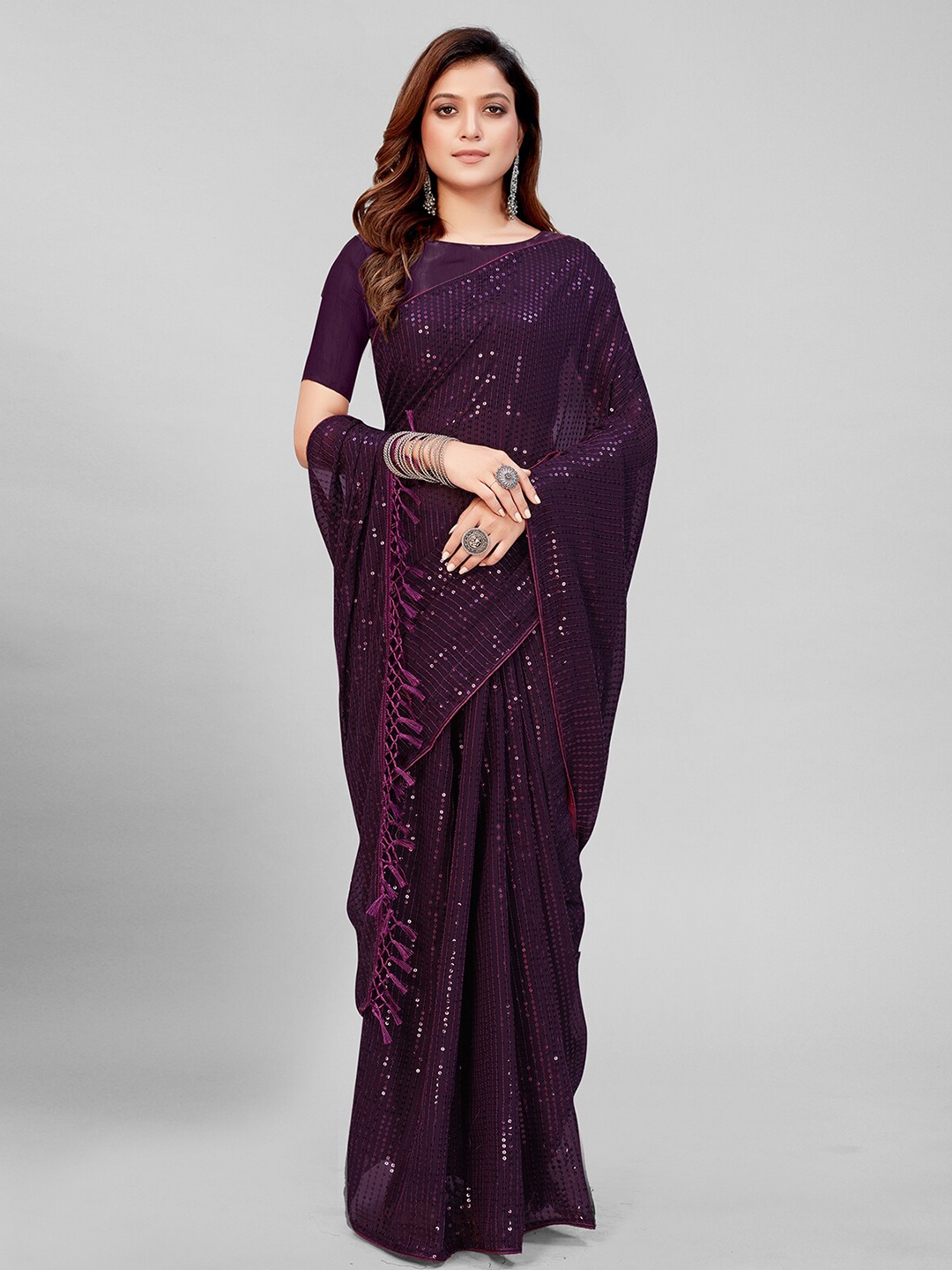

KALINI Embellished Sequinned Pure Georgette Saree, Purple