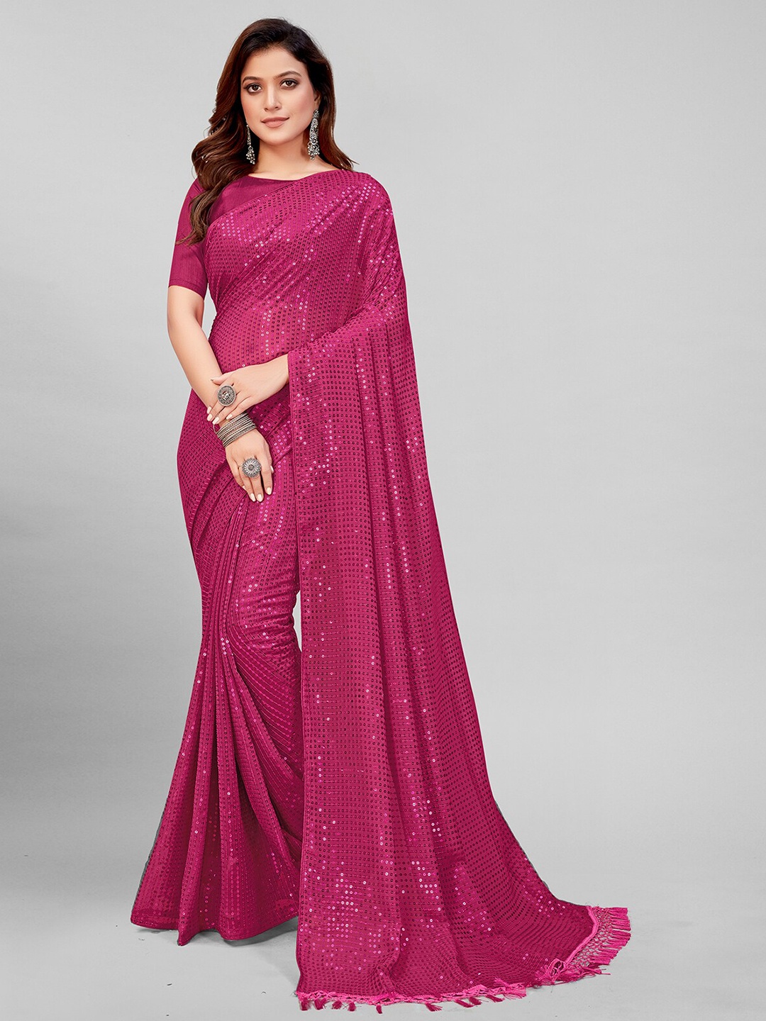 

KALINI Embellished Sequinned Pure Georgette Saree, Pink