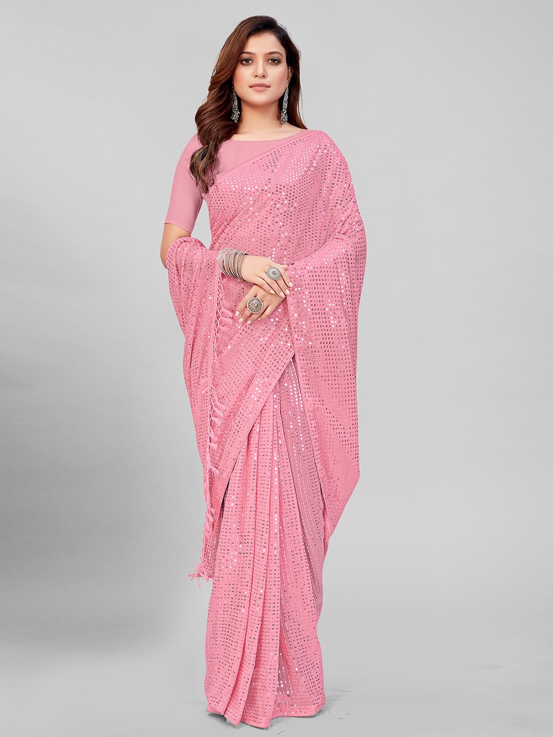 

KALINI Embellished Sequinned Pure Georgette Saree, Peach