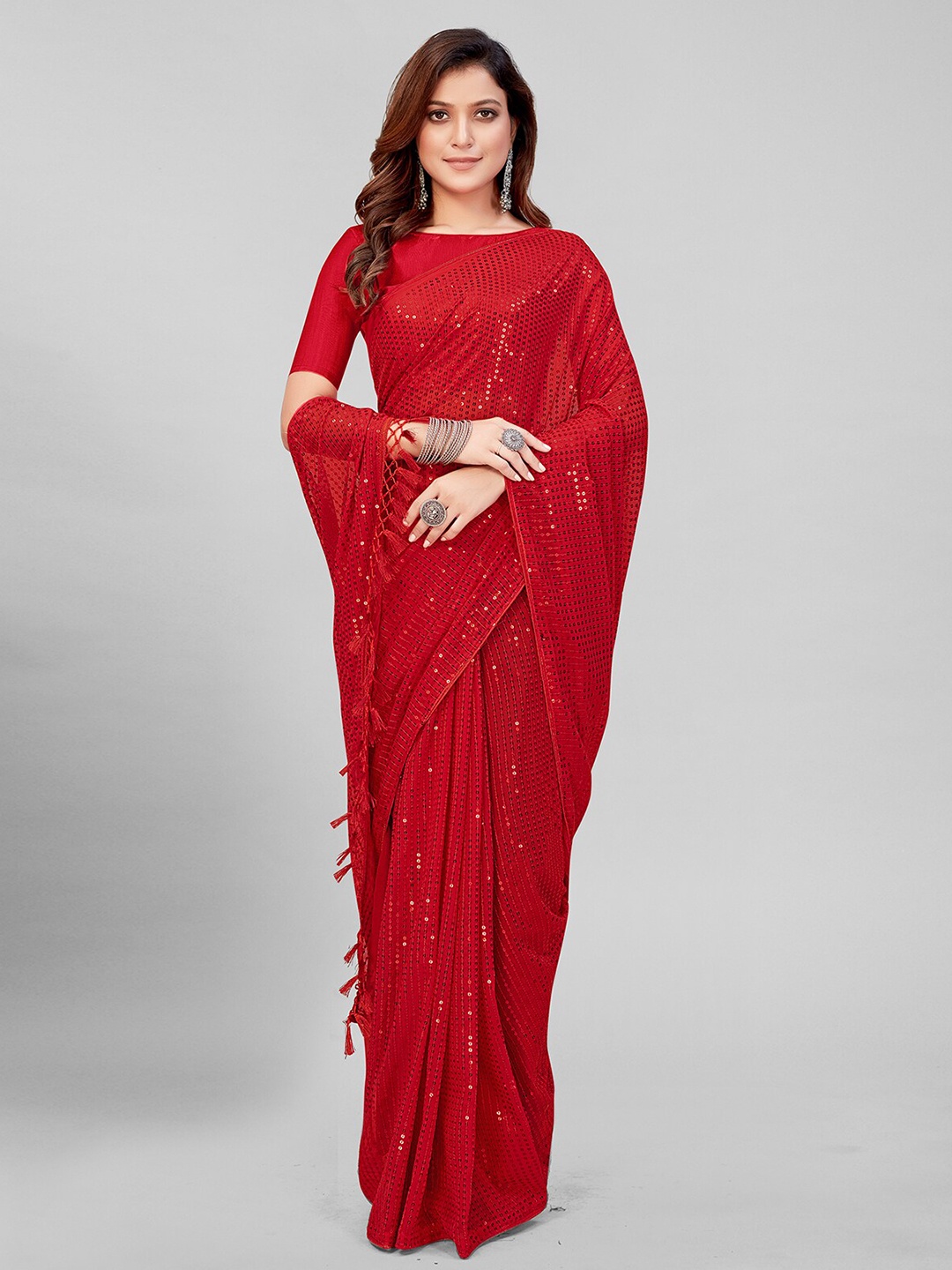 

KALINI Embellished Sequinned Pure Georgette Saree, Red