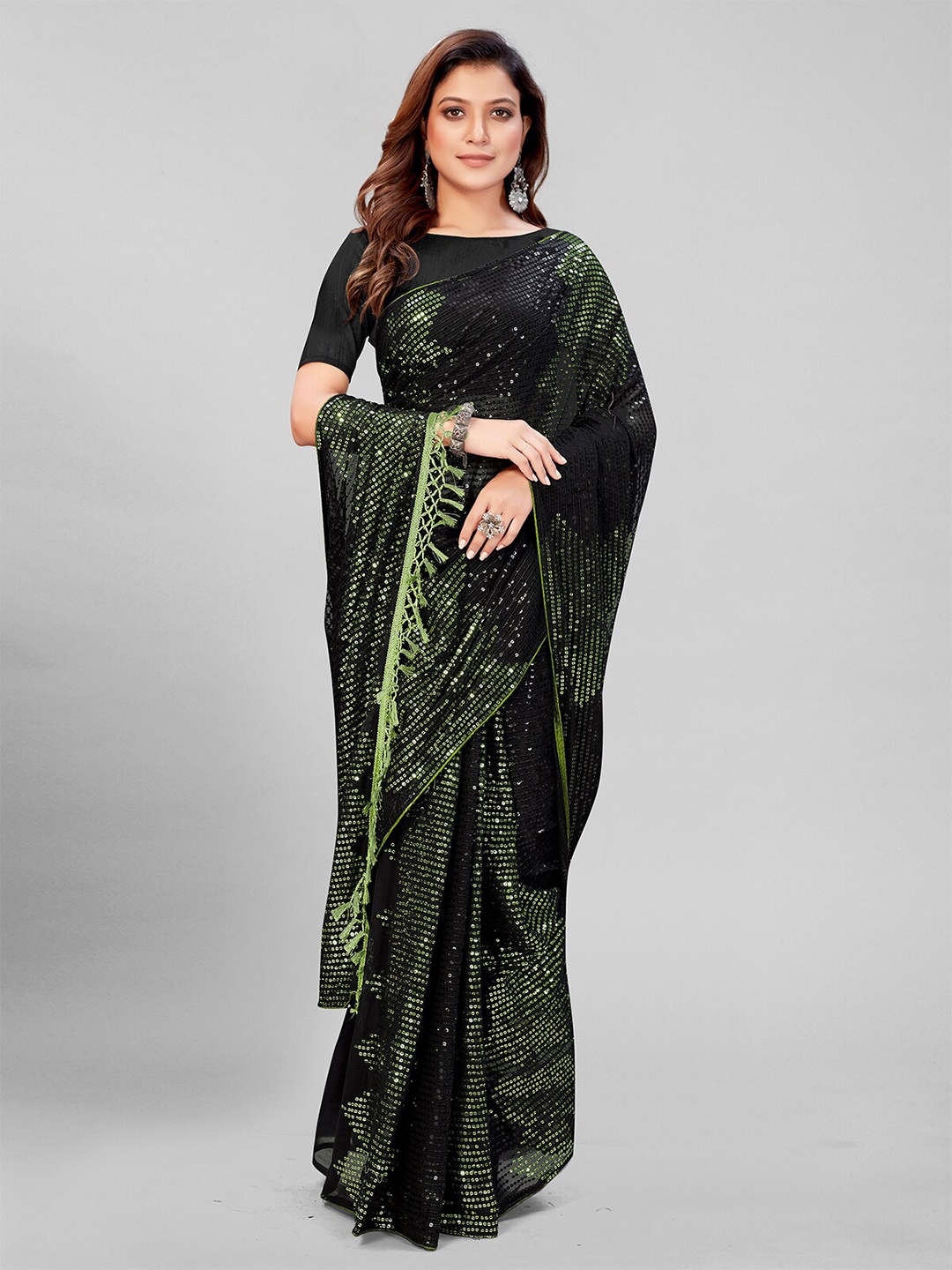 

KALINI Embellished Sequinned Pure Georgette Saree, Black