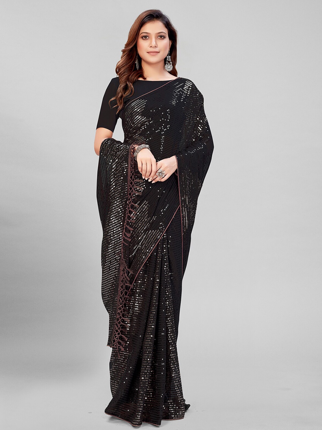 

KALINI Embellished Sequinned Pure Georgette Saree, Black