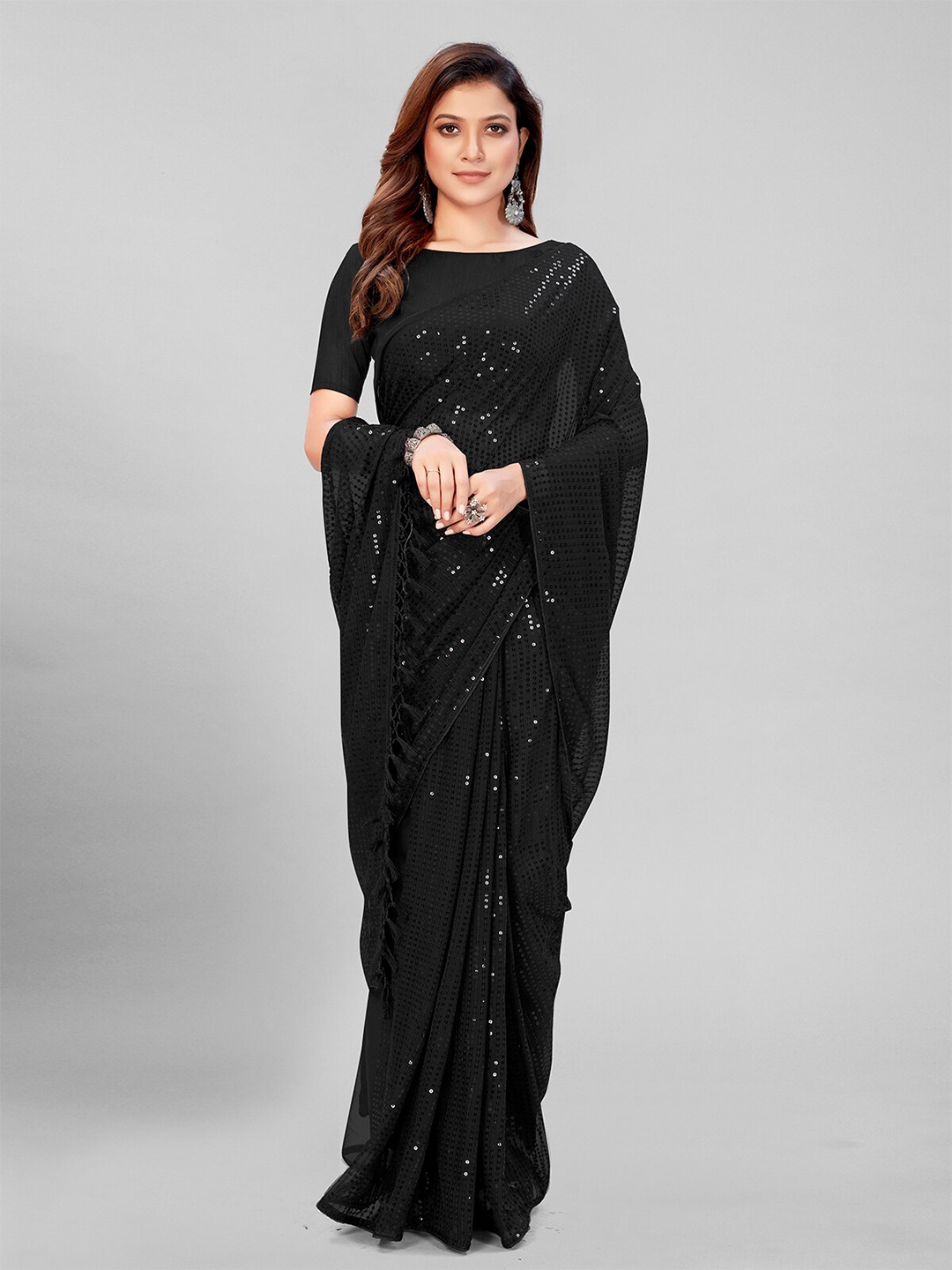 

KALINI Embellished Sequinned Pure Georgette Saree, Black