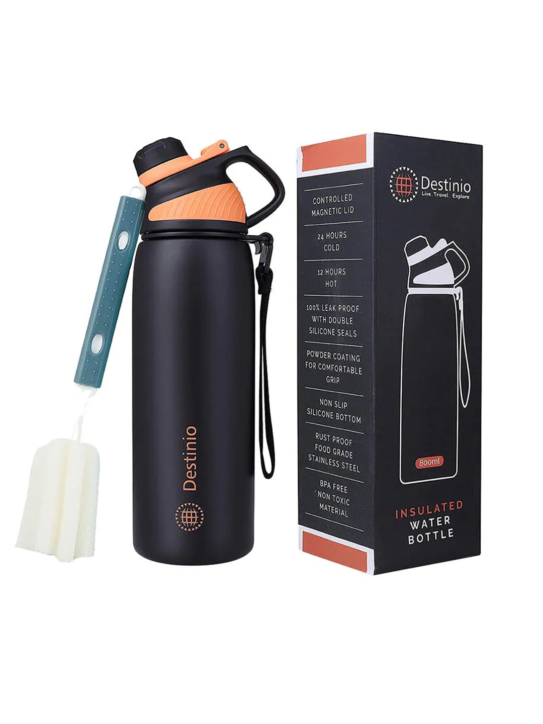 

Destinio Black Insulated Thermos Solid Sipper Water Bottle 800ml