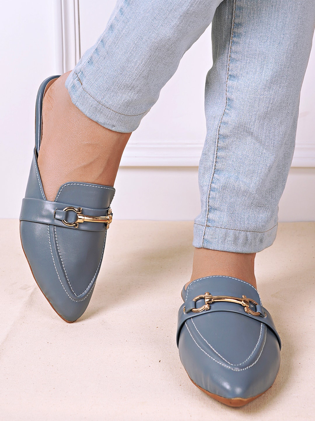 

DressBerry Women Grey & Gold Toned Pointed Toe Embellished Mules