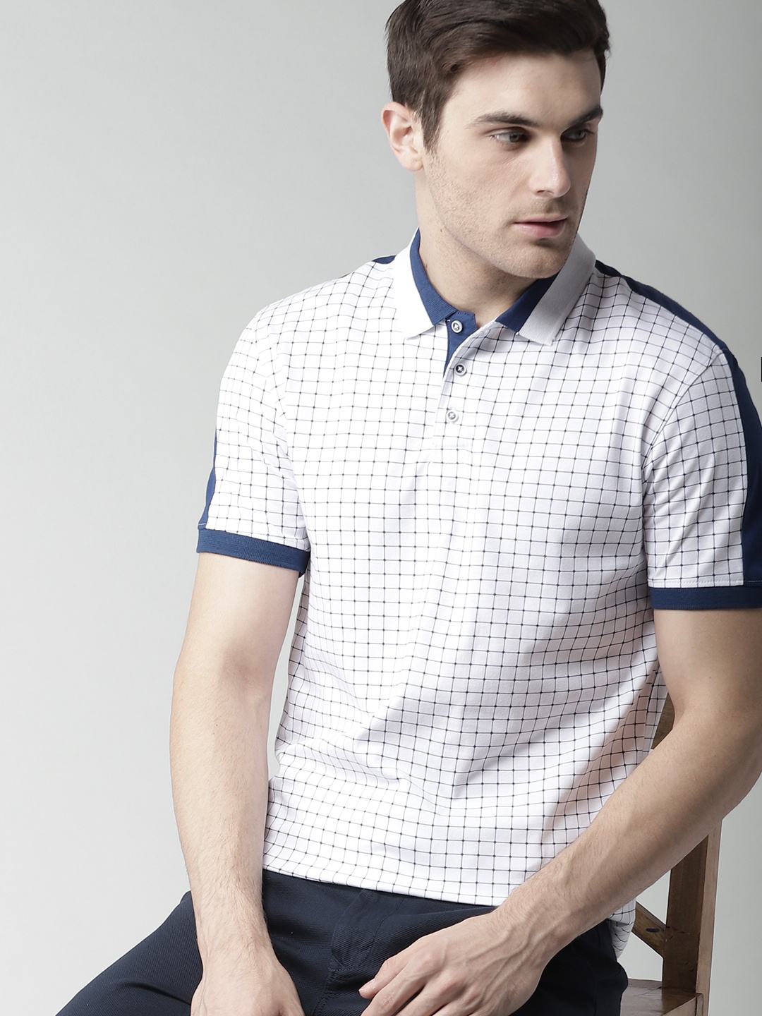 

INVICTUS Men White Checked Polo Collar Pure Cotton T-shirt