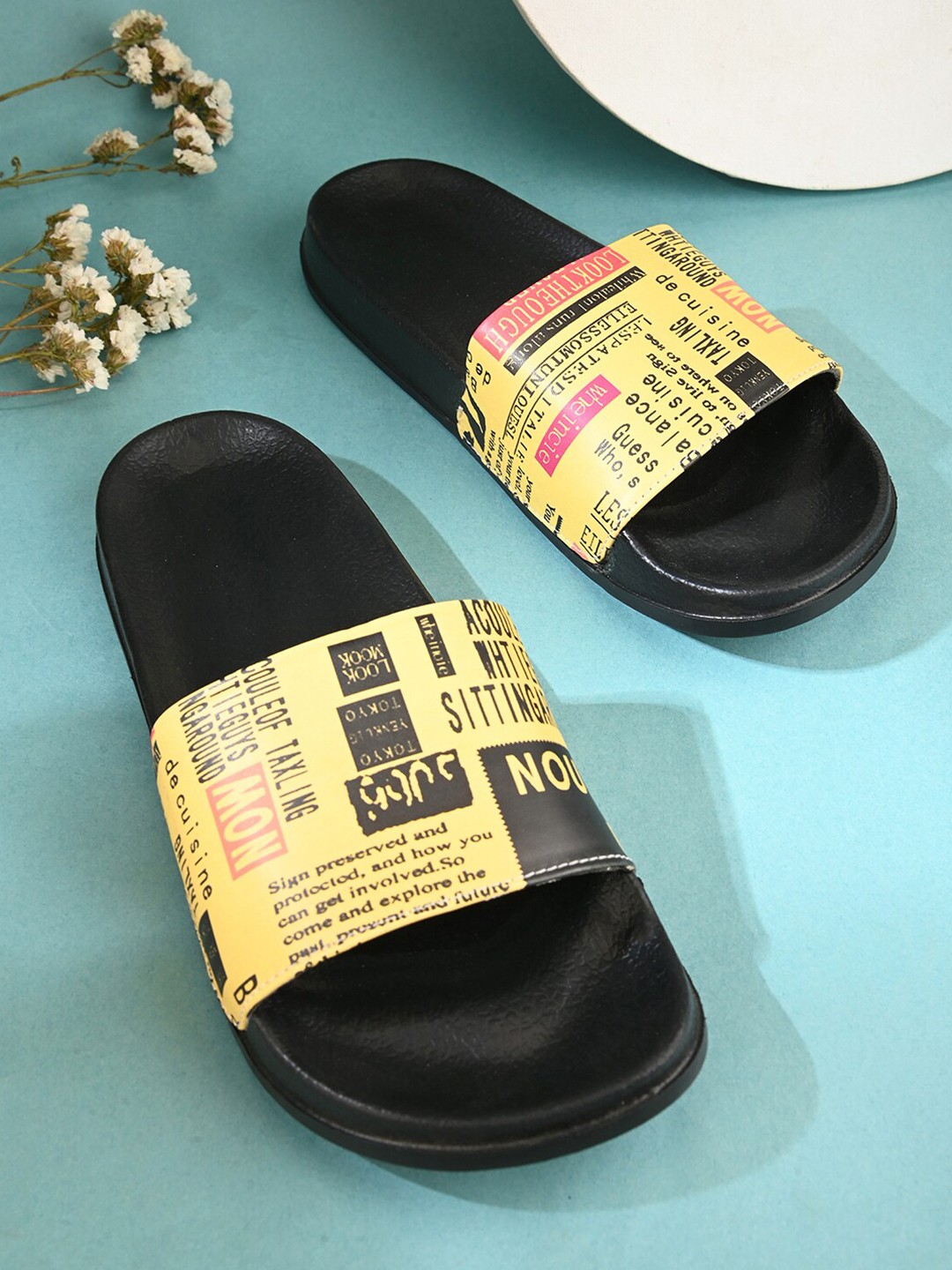 

EXTRIMOS Women Newspaper Printed Lightweight Sliders, Yellow