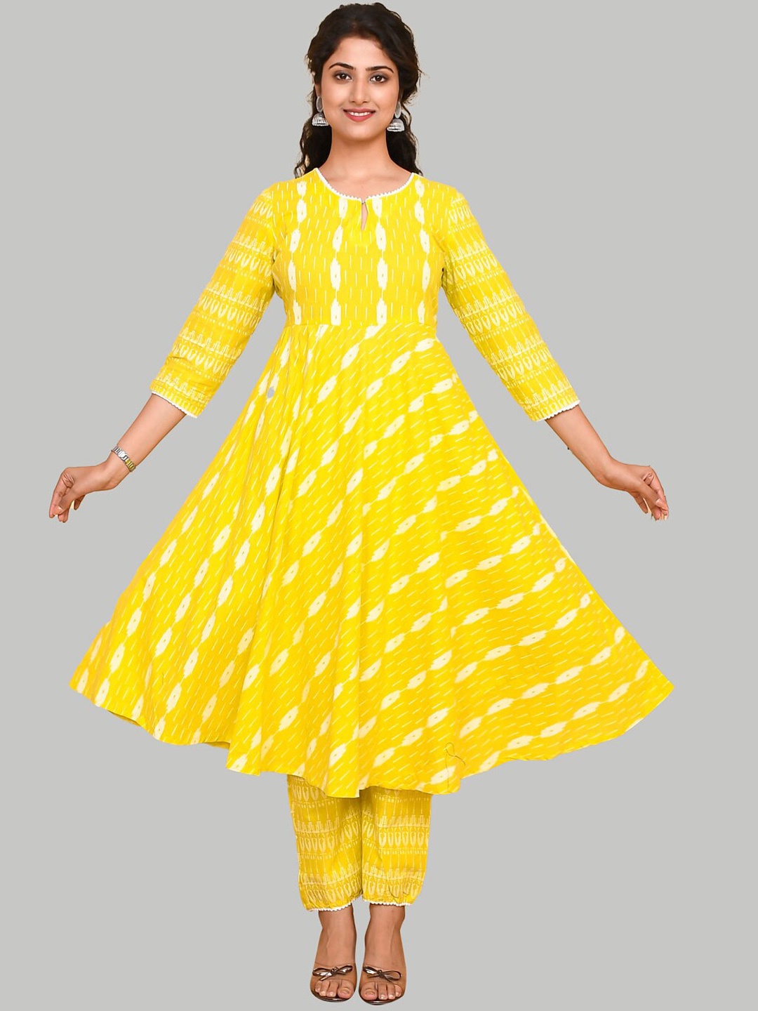 

KALINI Ethnic Motifs Printed Anarkali Pure Cotton Kurta with Trousers, Yellow