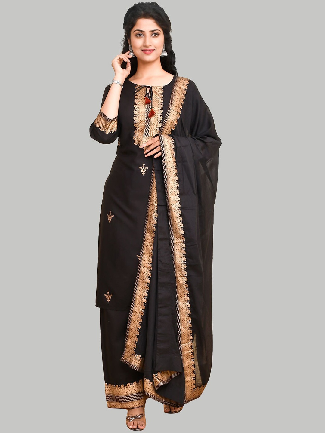 

KALINI Ethnic Motifs Printed Sequined Kurta with Trousers & Dupatta, Brown