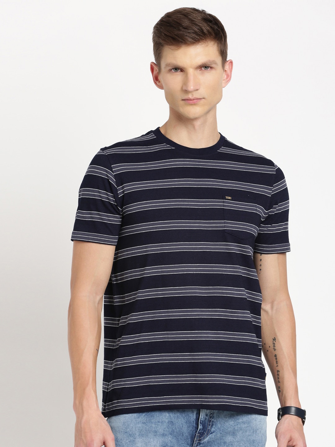 

Indian Terrain Striped Round Neck Pure Cotton T-shirt, Blue