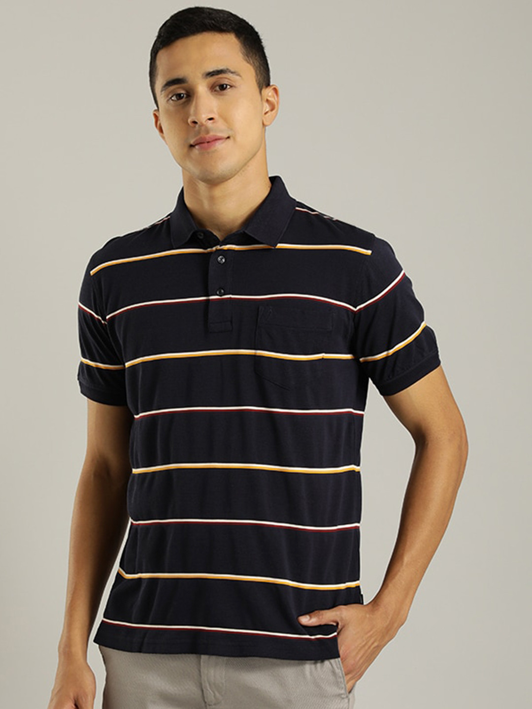 

Indian Terrain Striped Polo Collar Pure Cotton T-shirt, Black