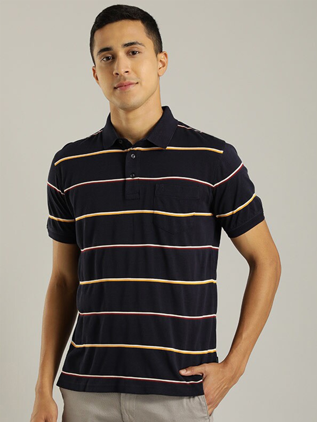 

Indian Terrain Striped Polo Collar Pure Cotton T-shirt, Navy blue