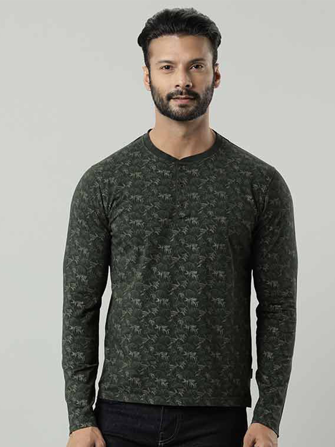 

Indian Terrain Tropical Printed Henley Neck Pure Cotton T-shirt, Olive