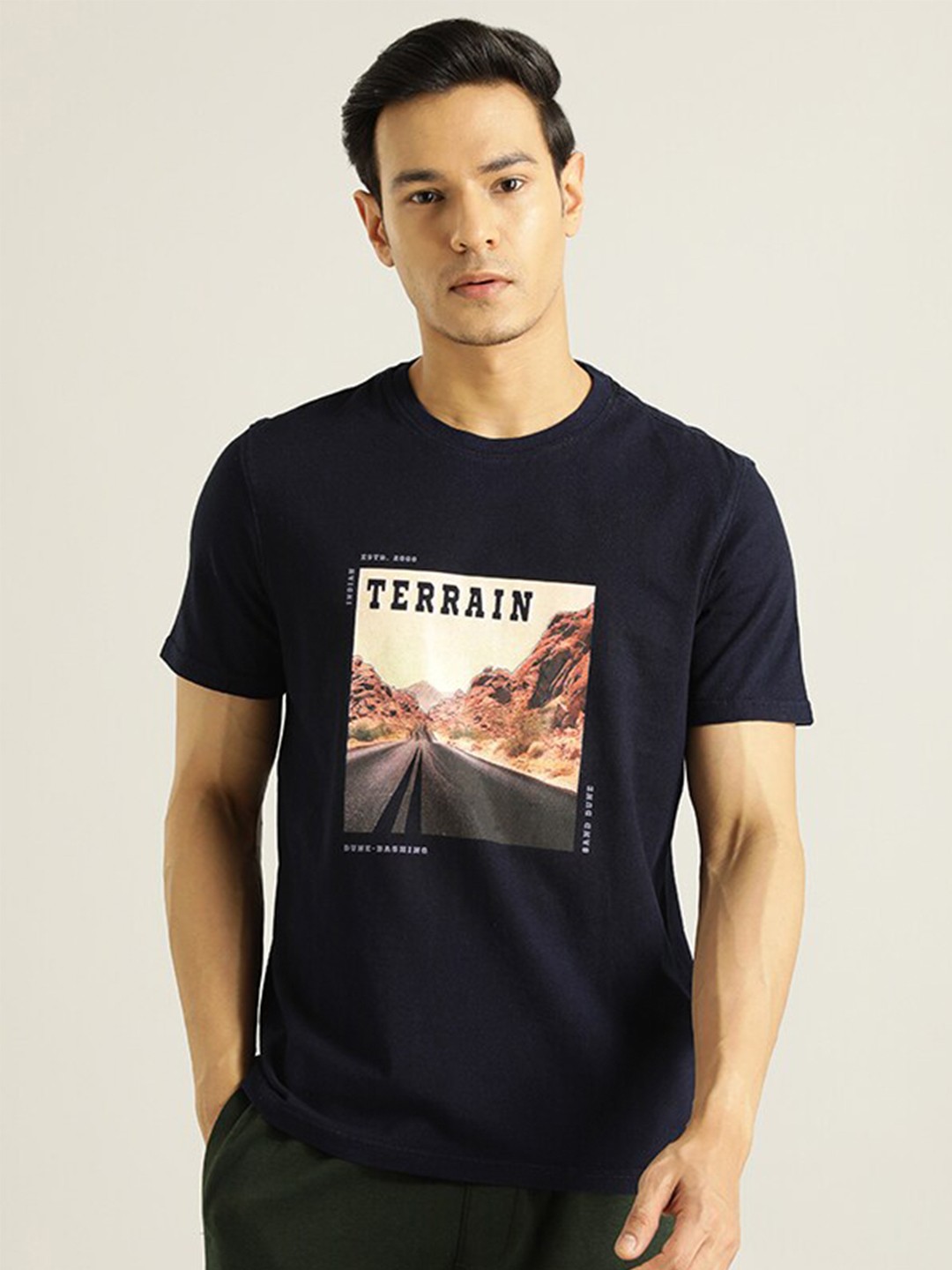 

Indian Terrain Graphic Printed Pure Cotton T-shirt, Navy blue